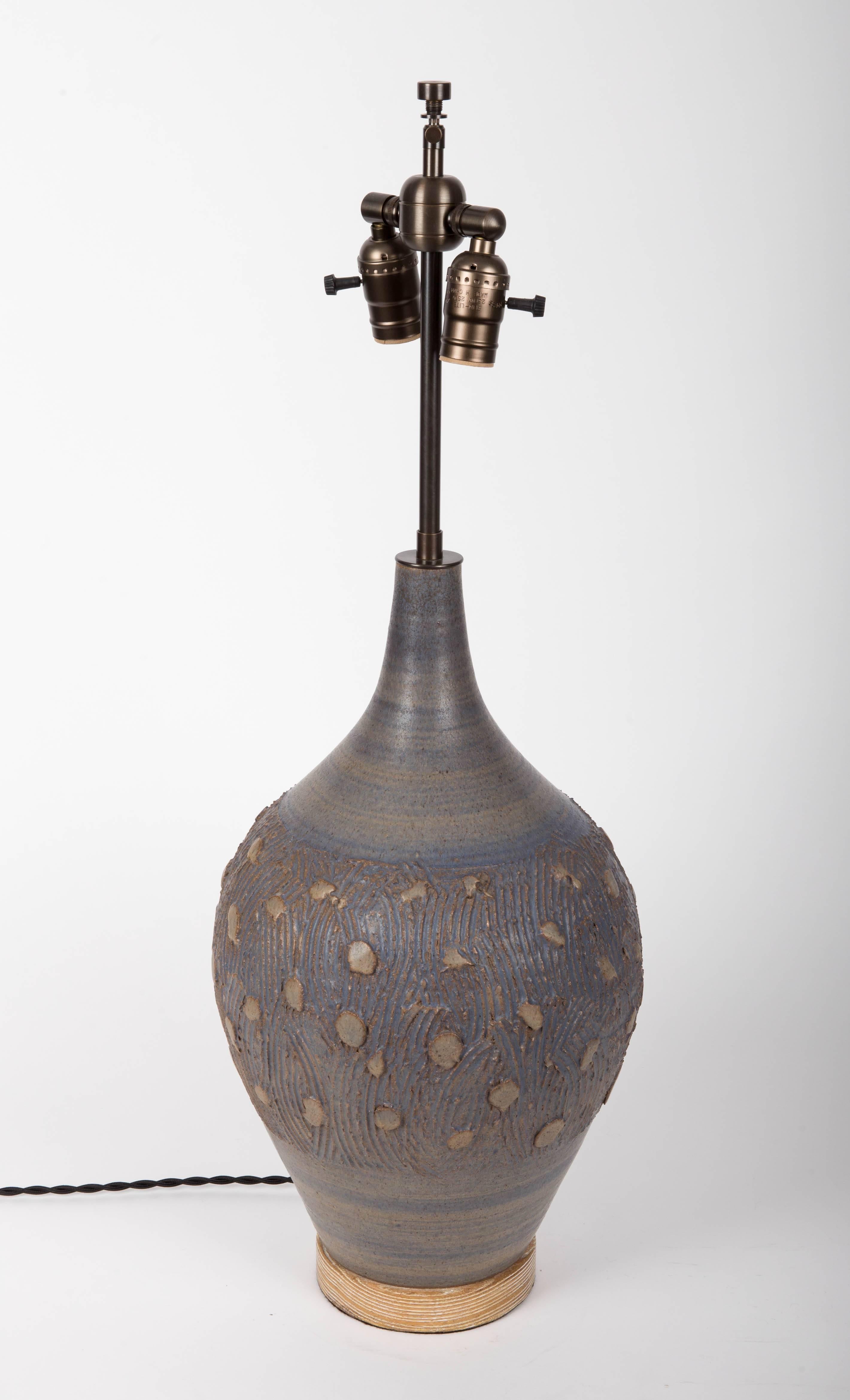 Blue Ceramic Lamp with a Cerused Oak Base 3