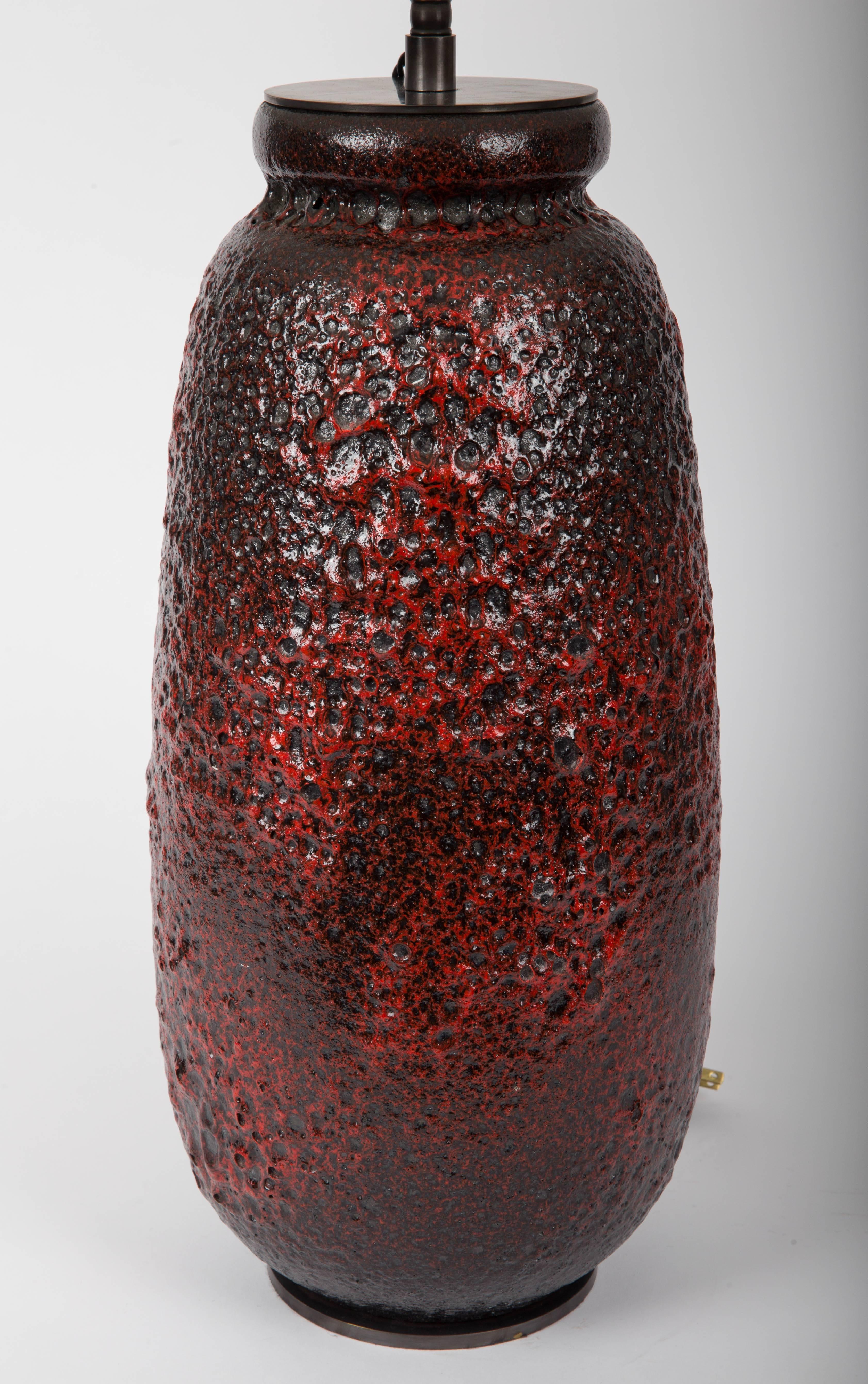 Mid-20th Century Red Volcanic Glazed Vase Converted into Lamp