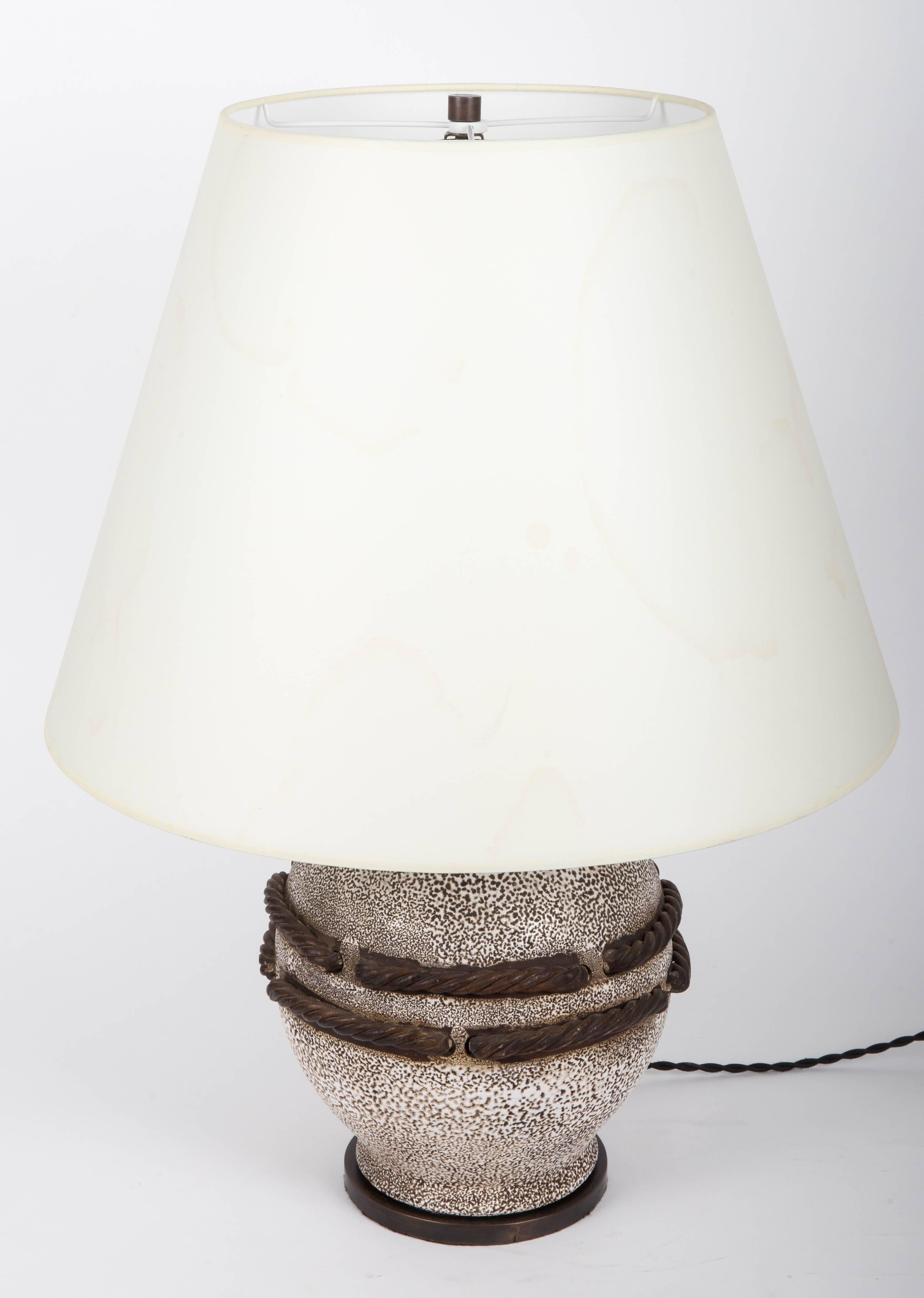 Ivory Stone Enameled Lamp with Brown Rope Detailing In Excellent Condition In New York City, NY