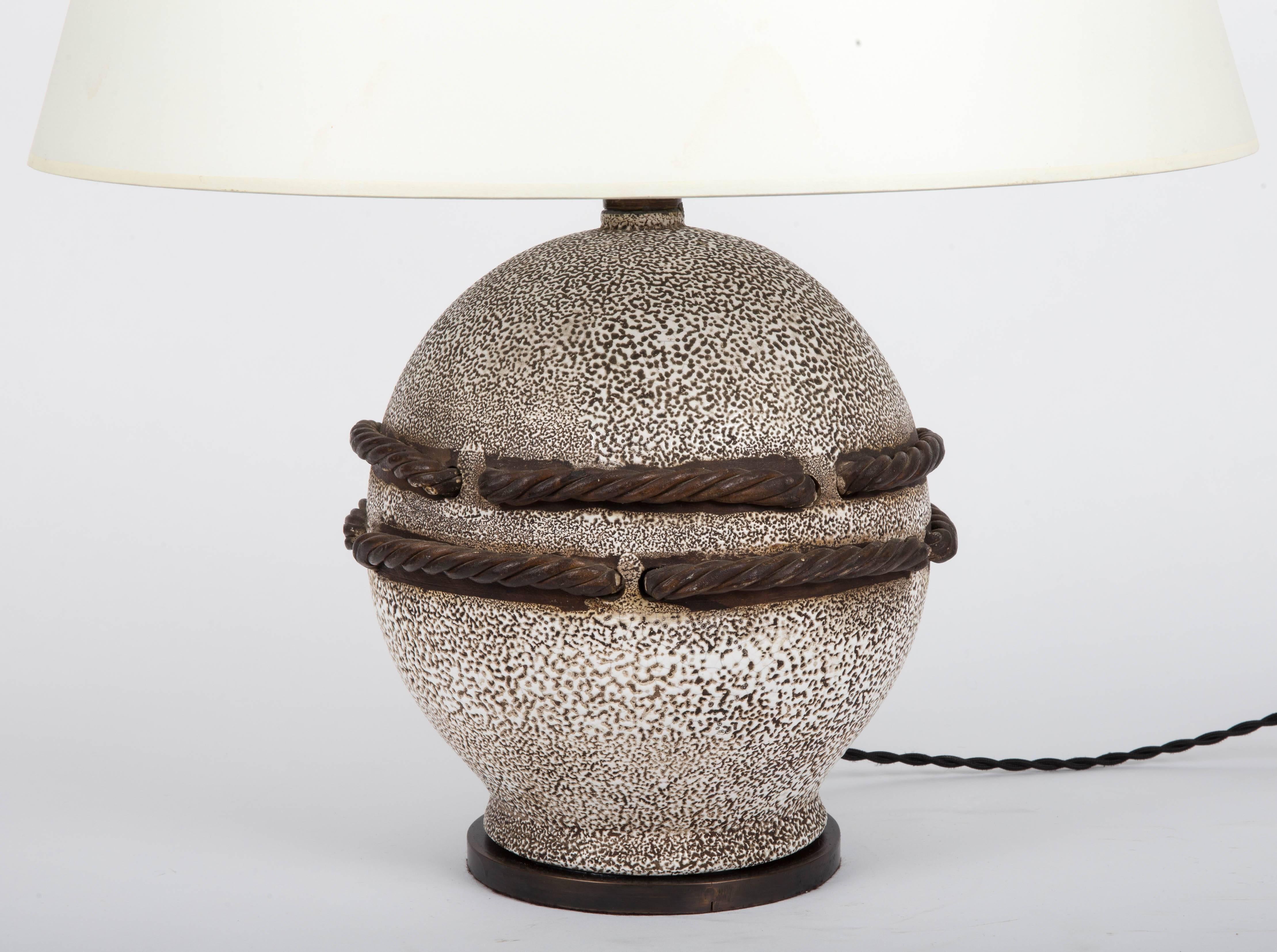 20th Century Ivory Stone Enameled Lamp with Brown Rope Detailing