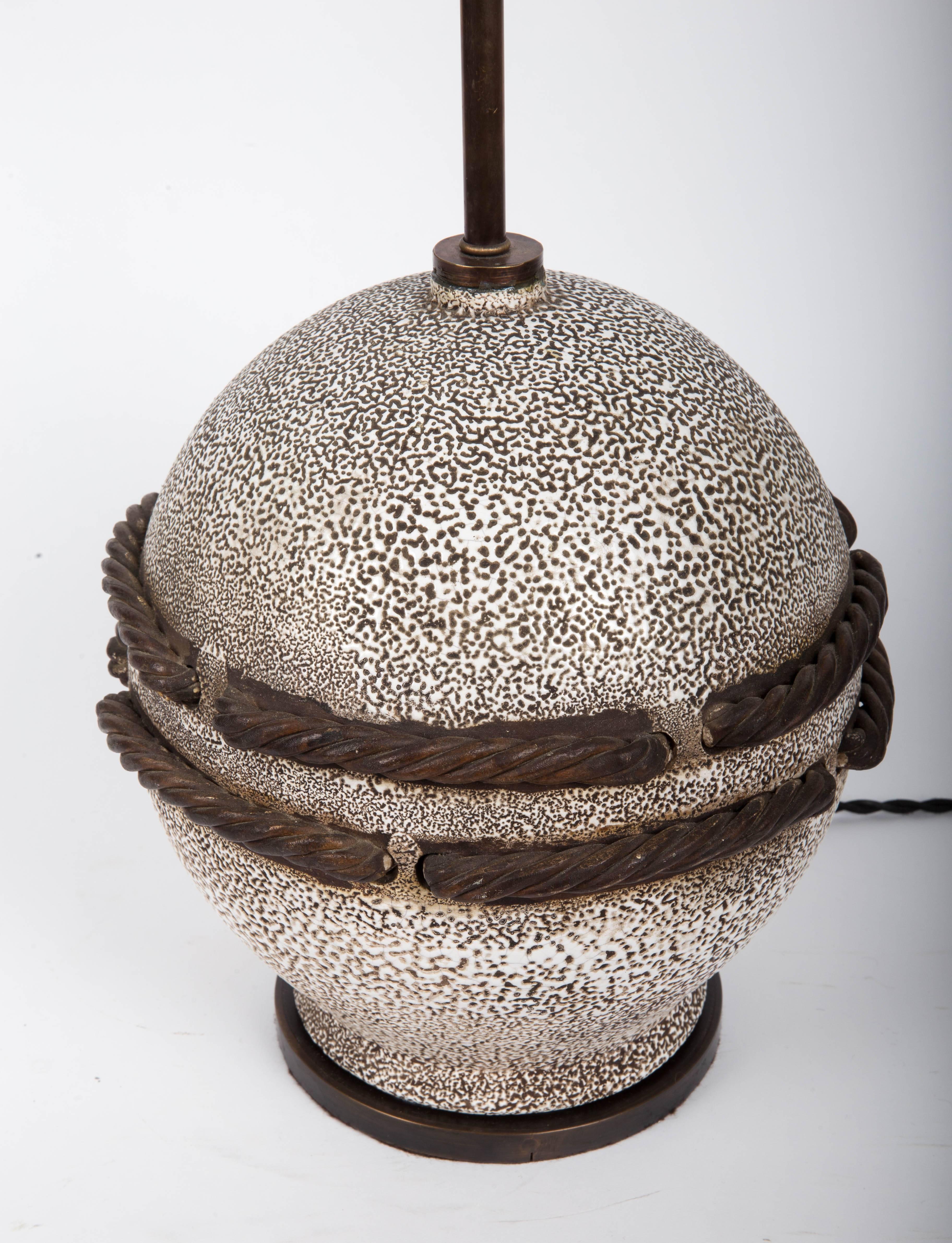 Ivory Stone Enameled Lamp with Brown Rope Detailing 3