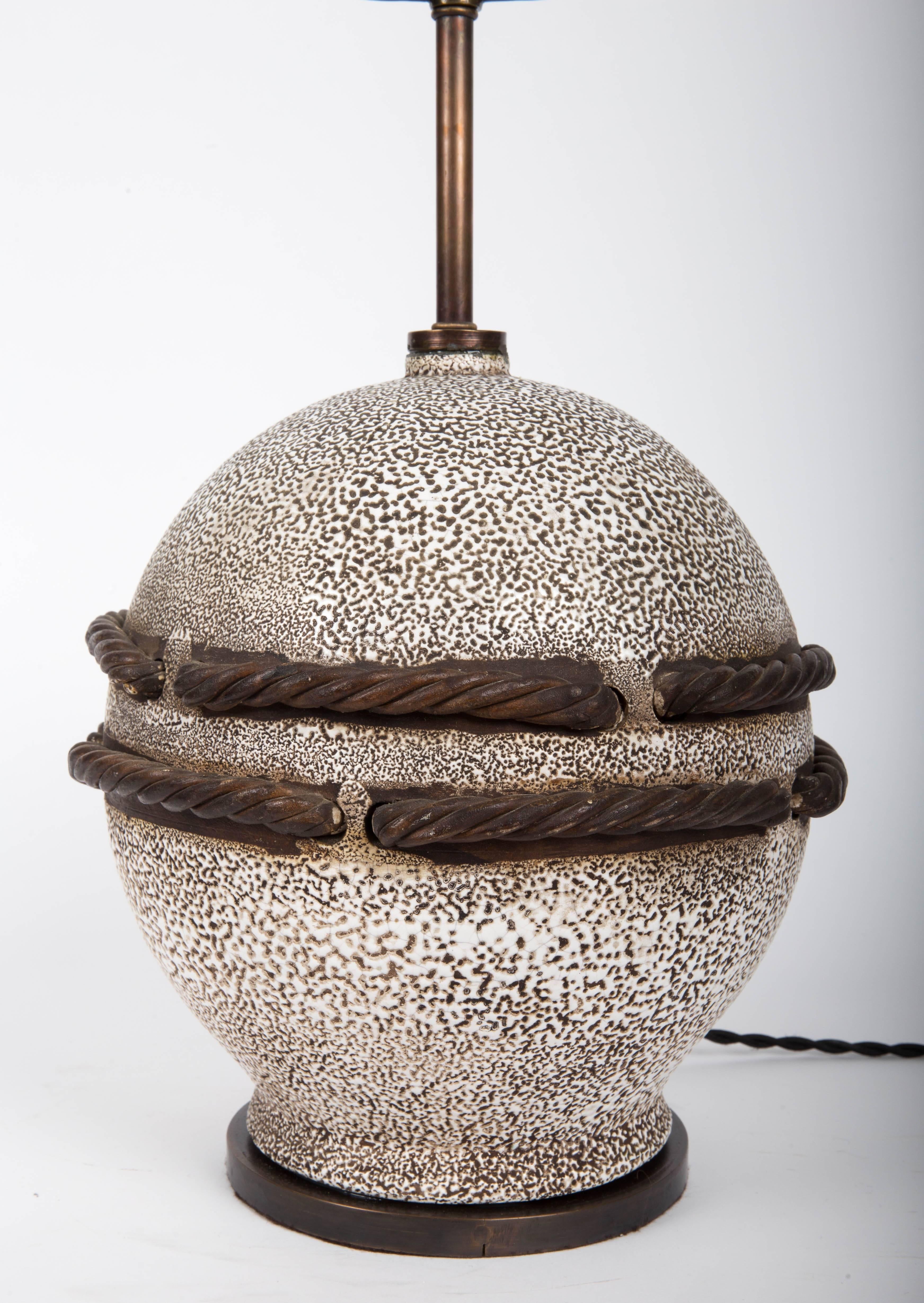Ivory Stone Enameled Lamp with Brown Rope Detailing 4