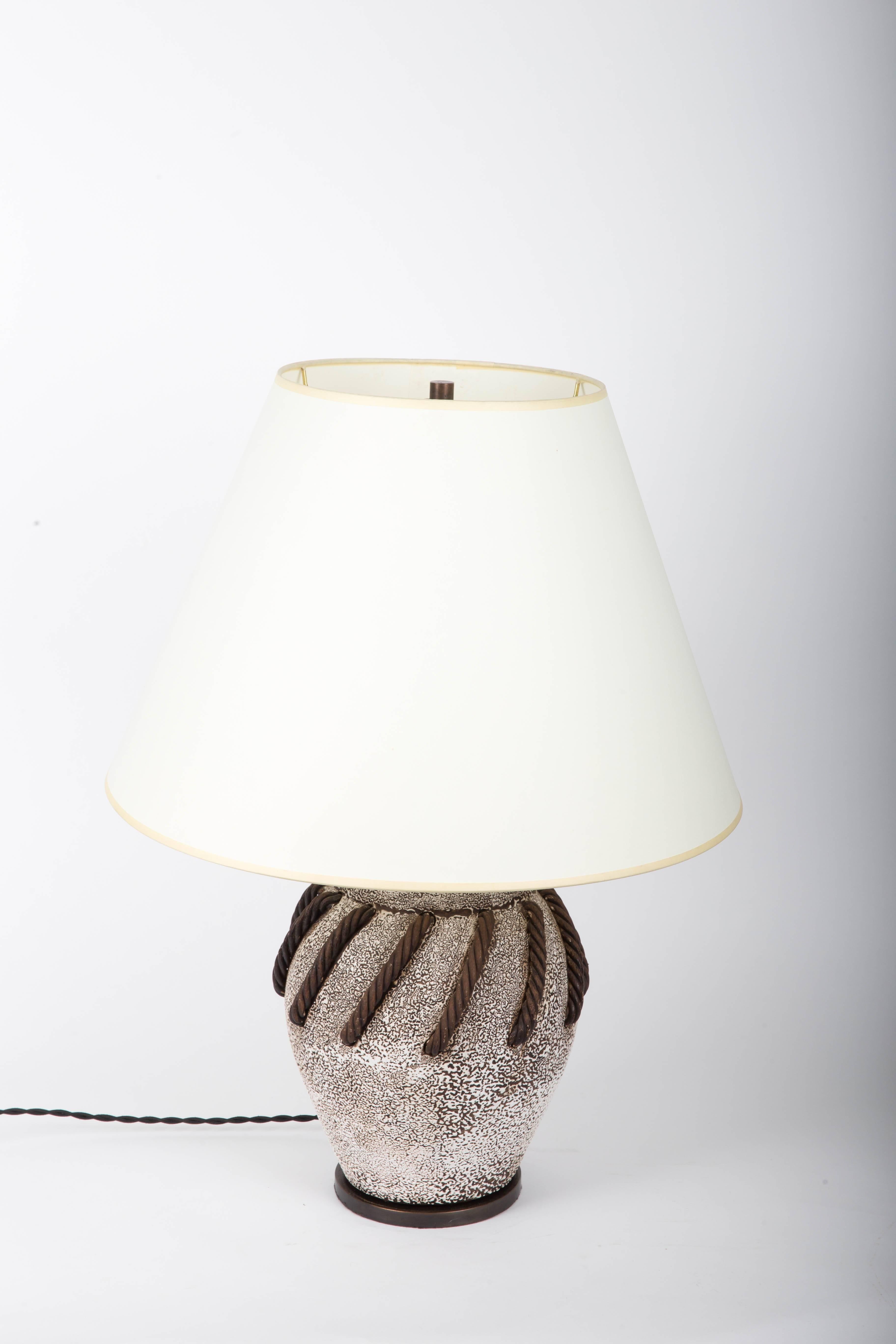 20th Century Textured Brown + White Ceramic Lamp with Rope Detailing