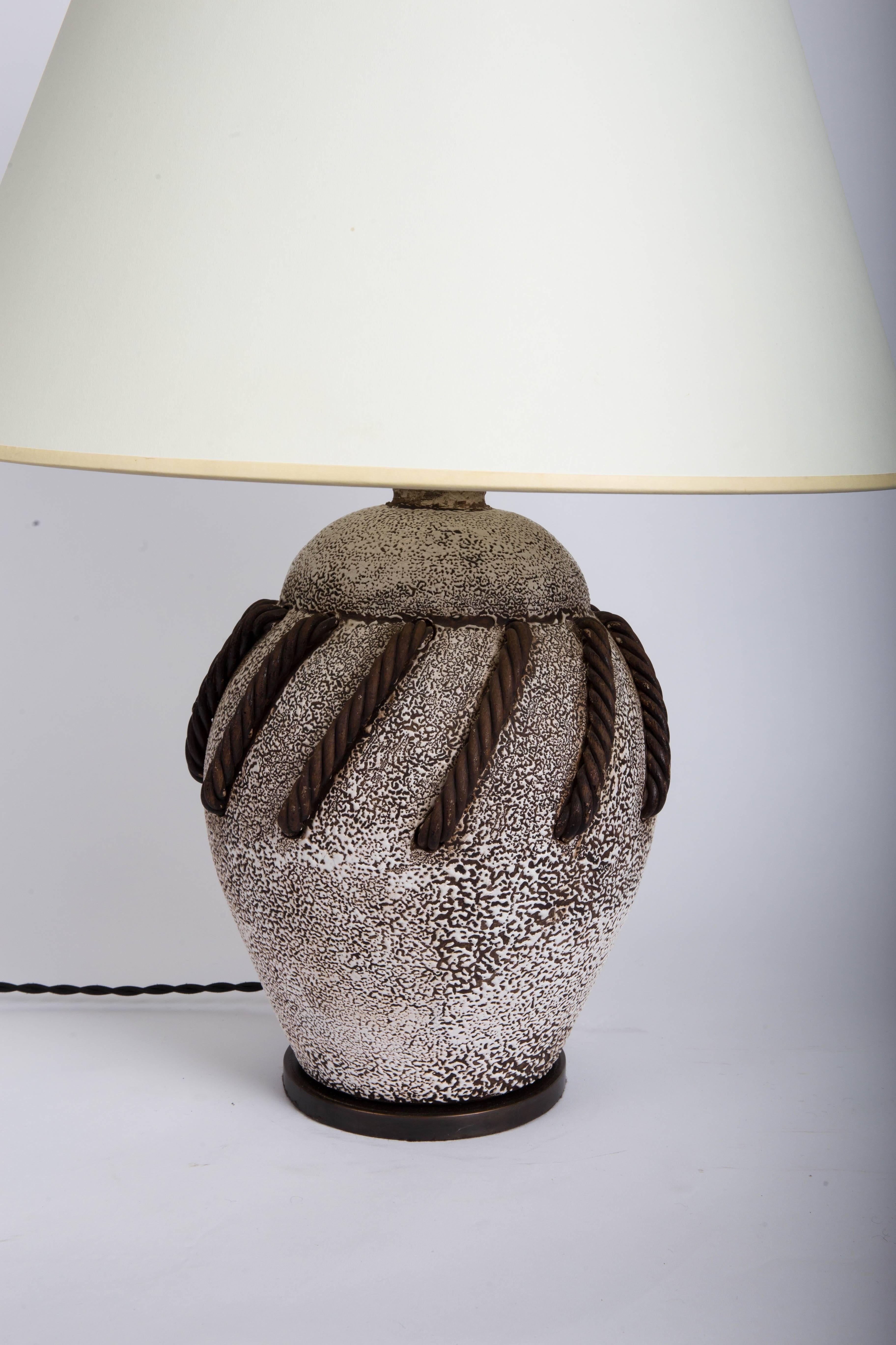 Textured Brown + White Ceramic Lamp with Rope Detailing 1