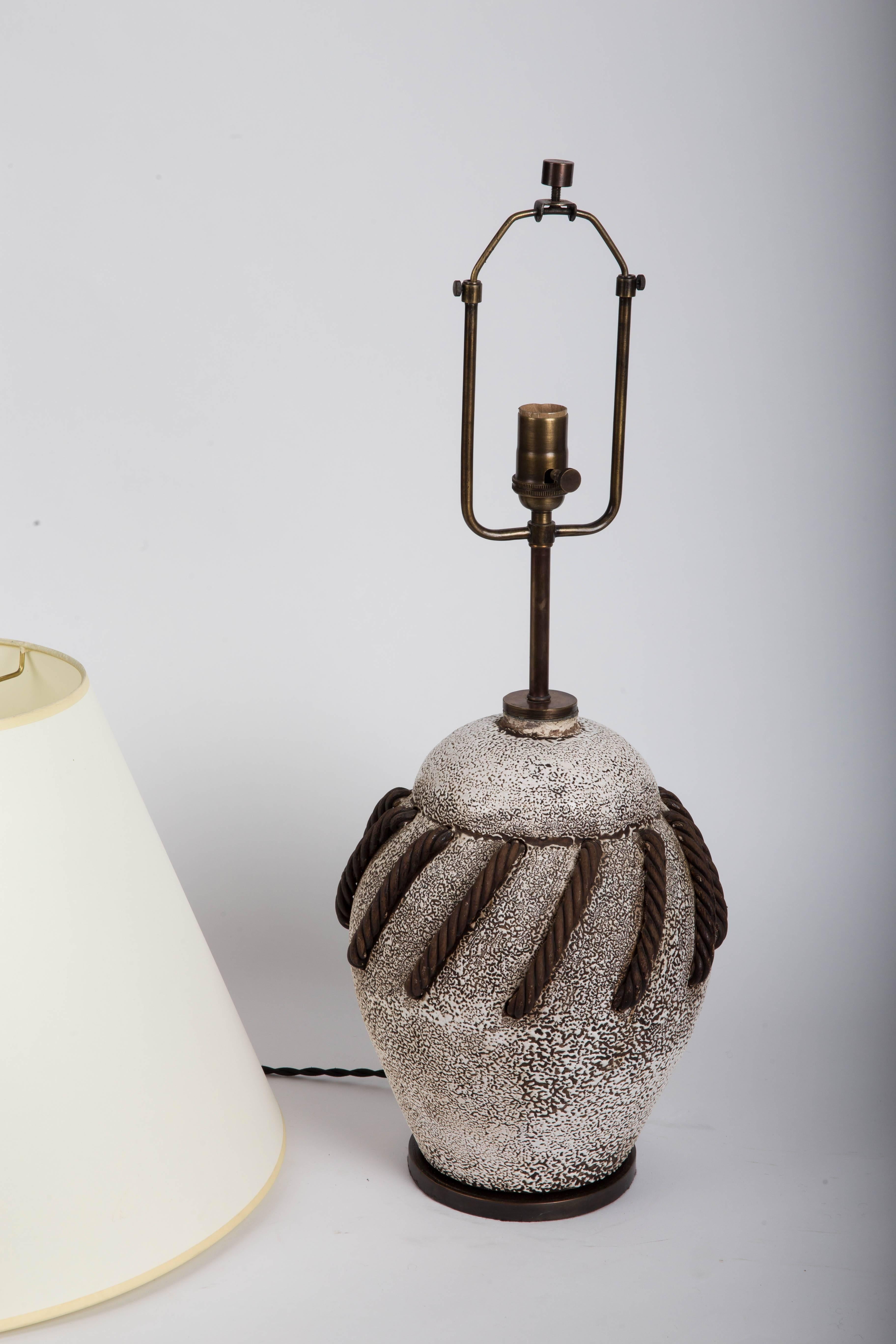 Textured Brown + White Ceramic Lamp with Rope Detailing 3