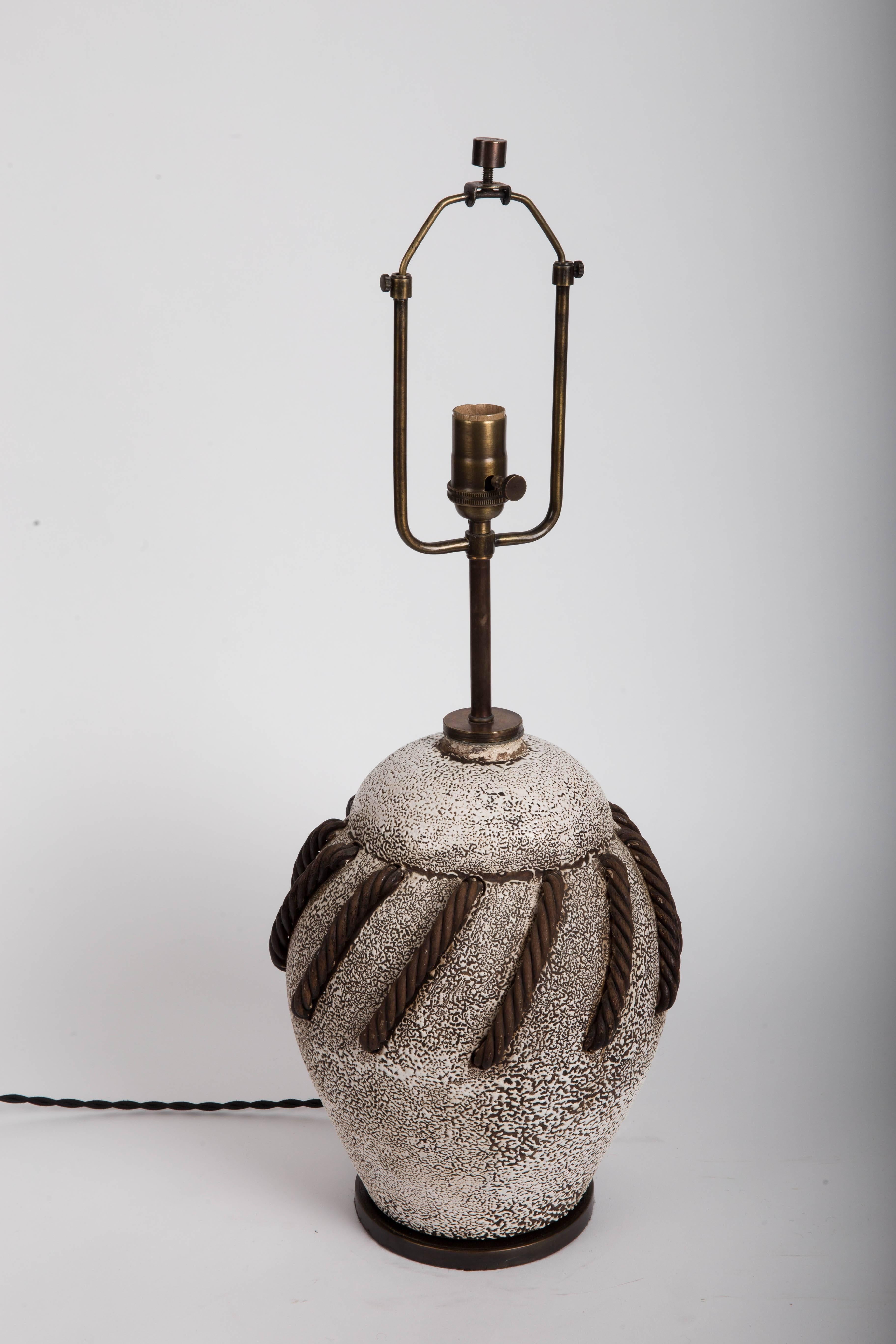 Textured Brown + White Ceramic Lamp with Rope Detailing 4