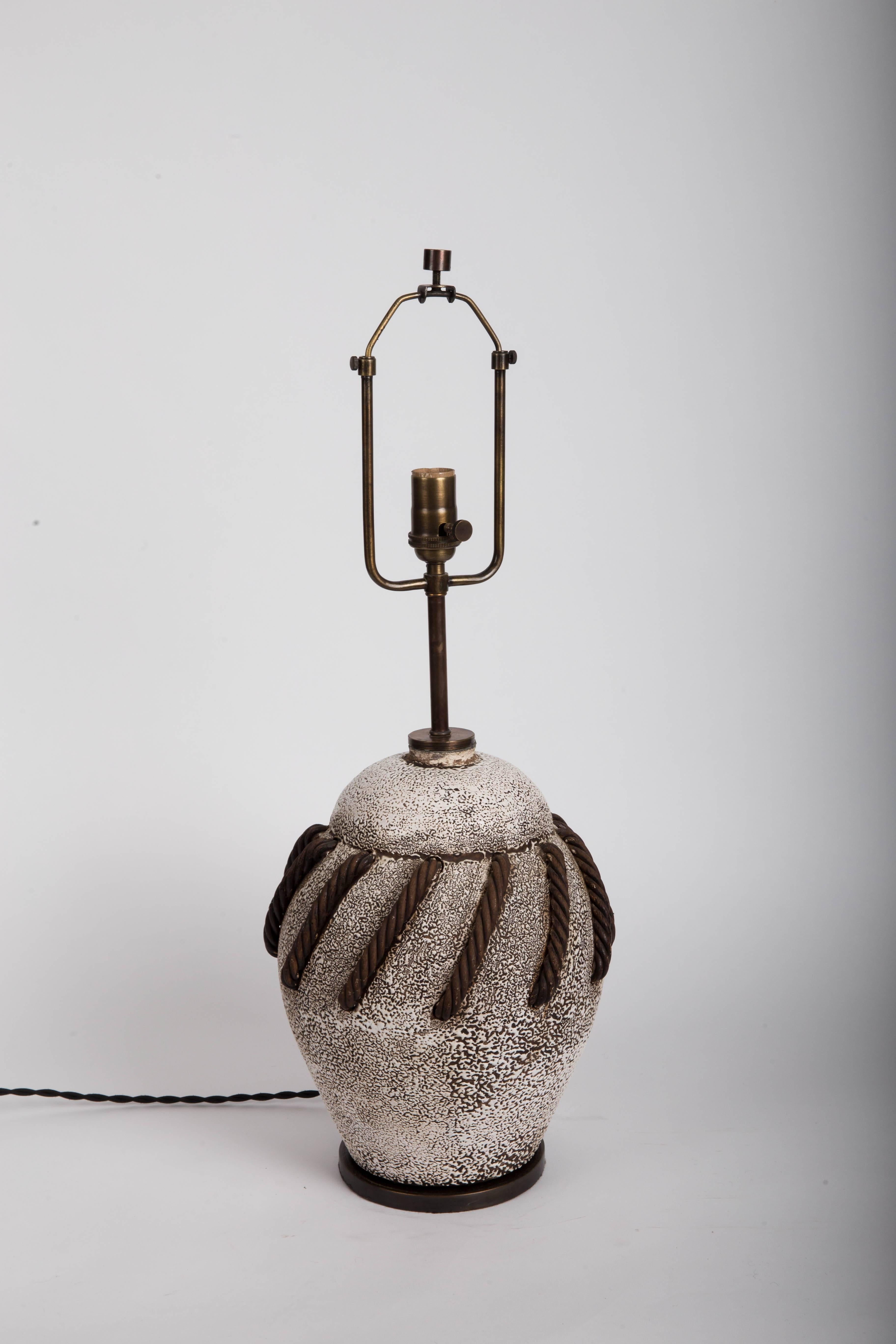 Textured Brown + White Ceramic Lamp with Rope Detailing 5
