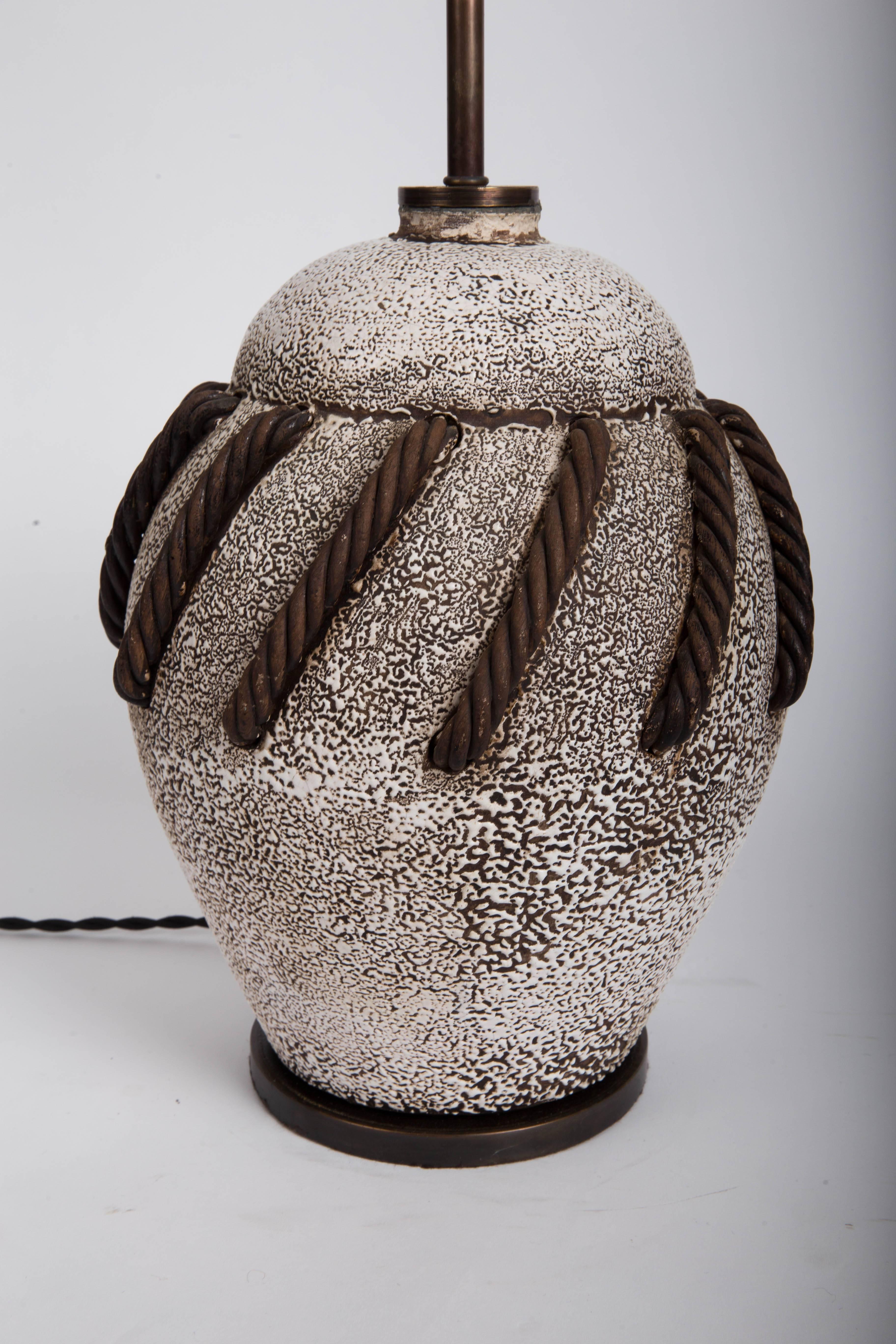 Textured Brown + White Ceramic Lamp with Rope Detailing 6