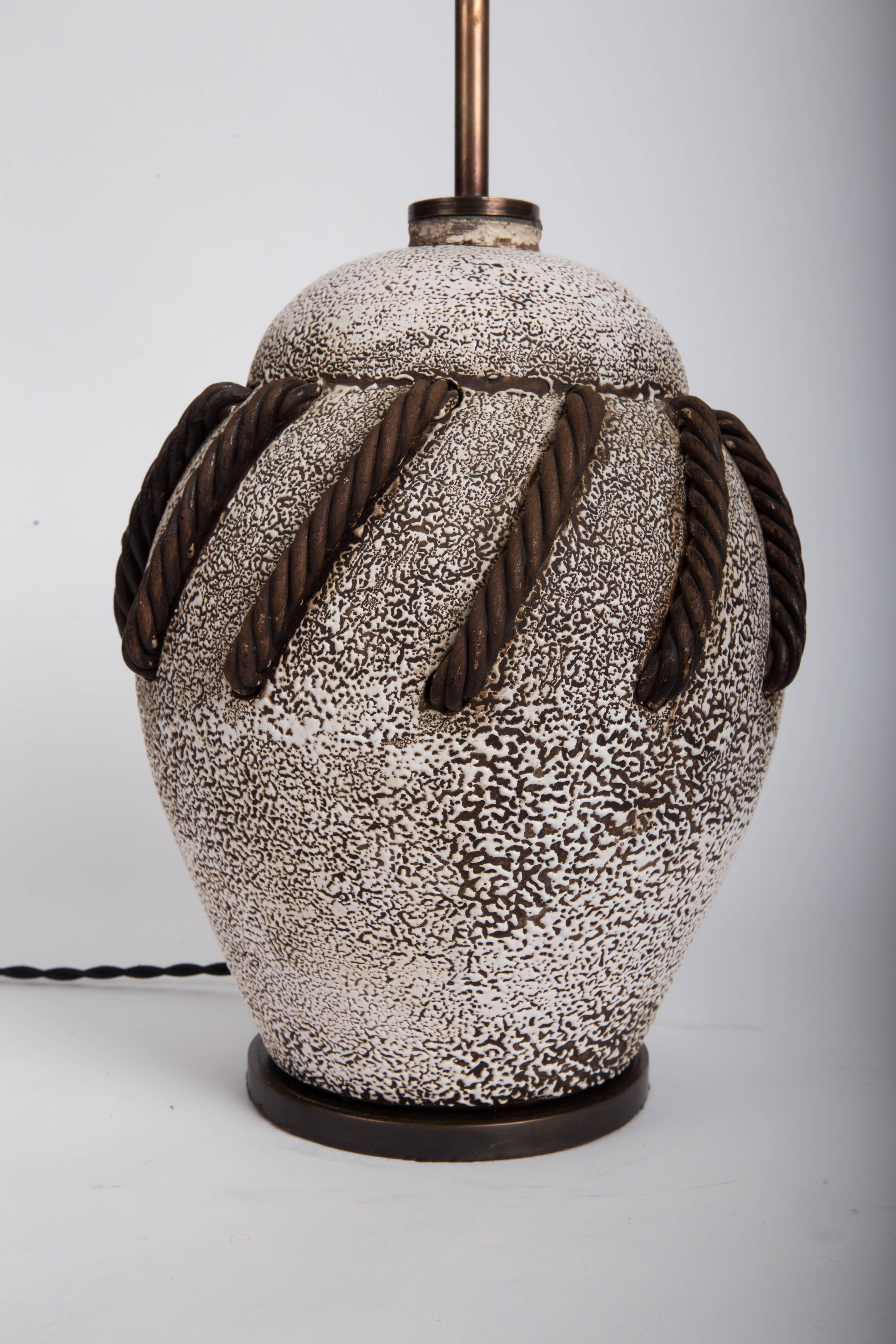 Textured Brown + White Ceramic Lamp with Rope Detailing 7