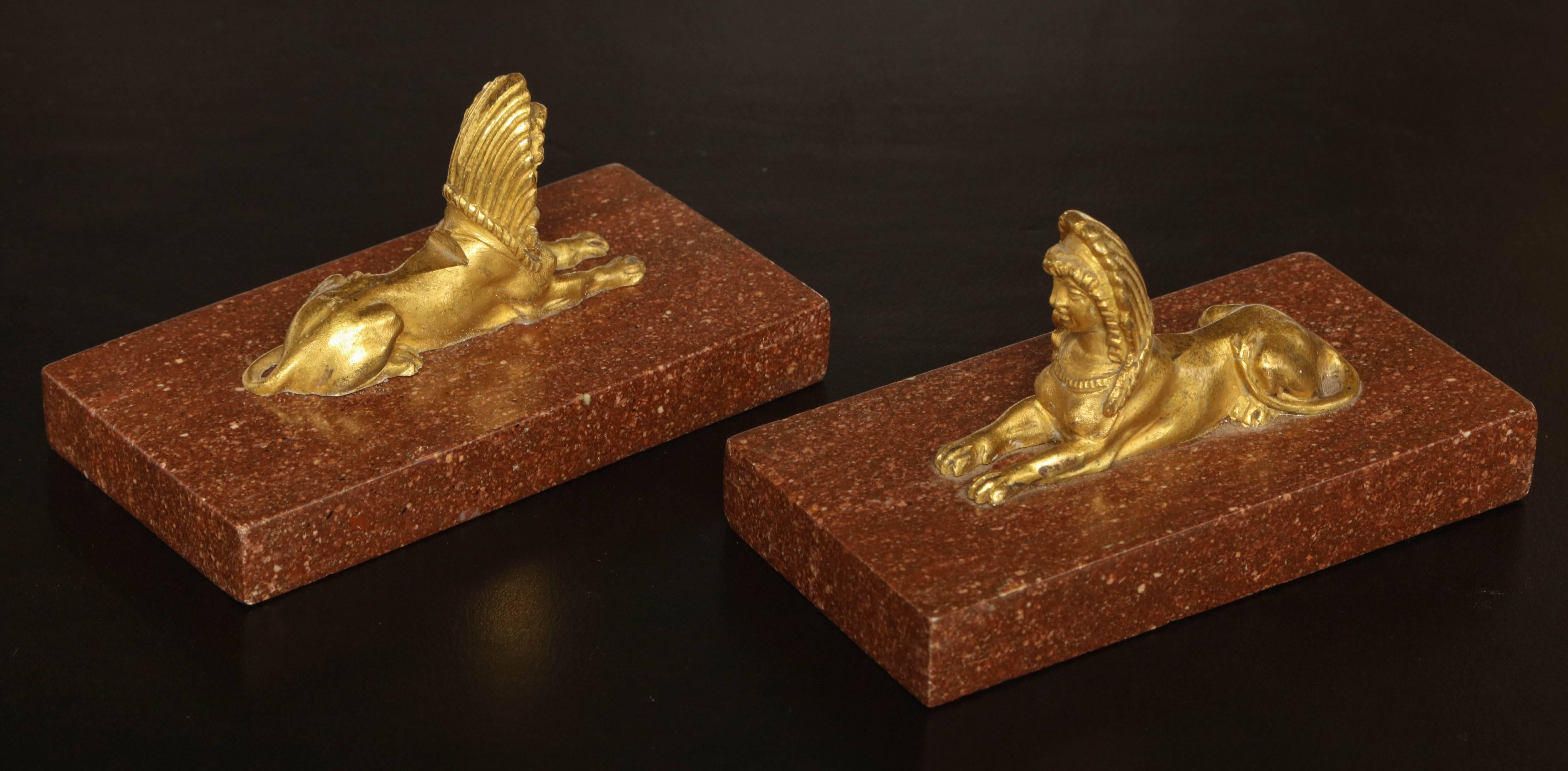 Pair of Gilded Bronze Sphinx on Porphyry In Excellent Condition In New York, NY