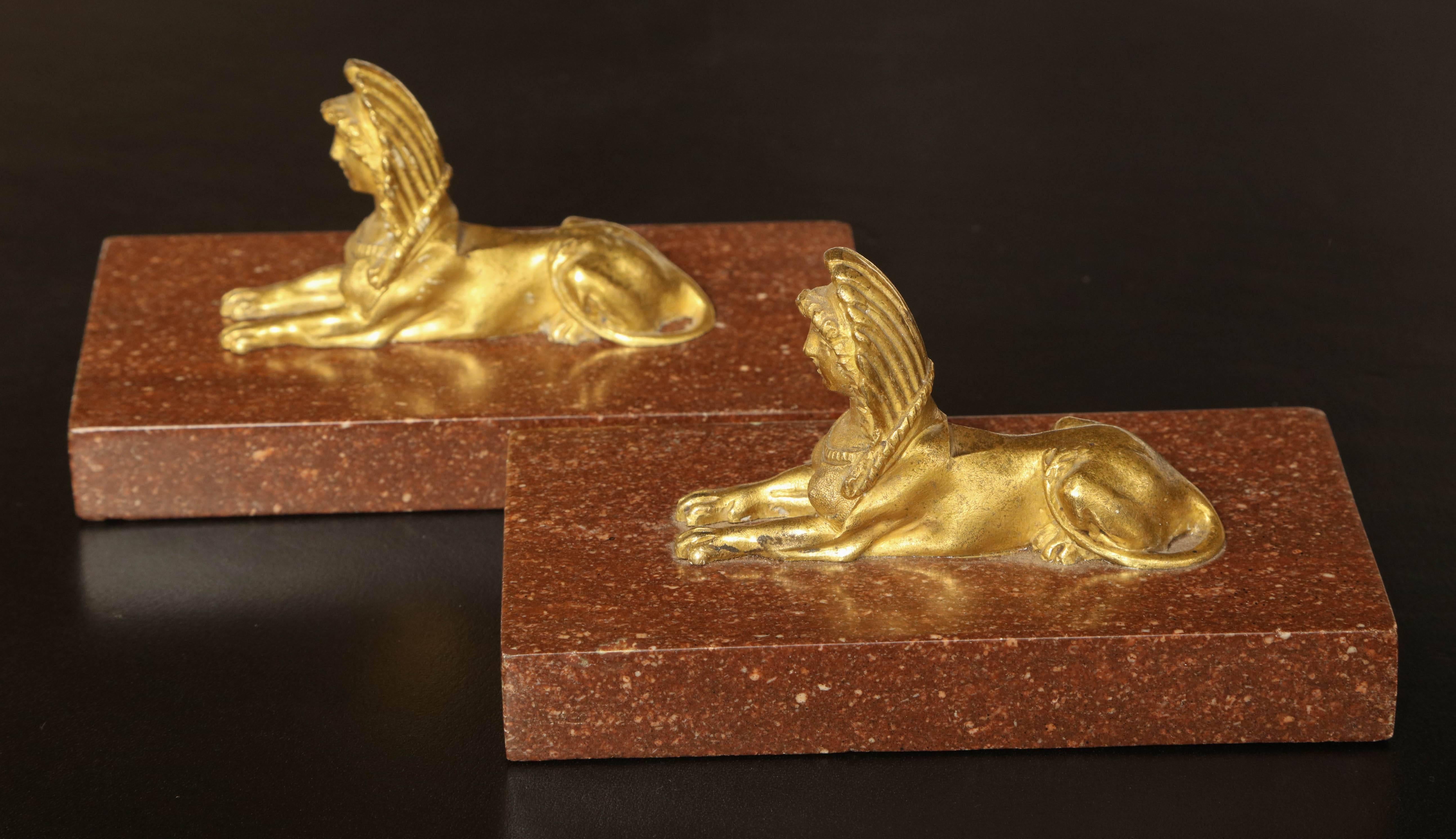 Pair of Gilded Bronze Sphinx on Porphyry 2