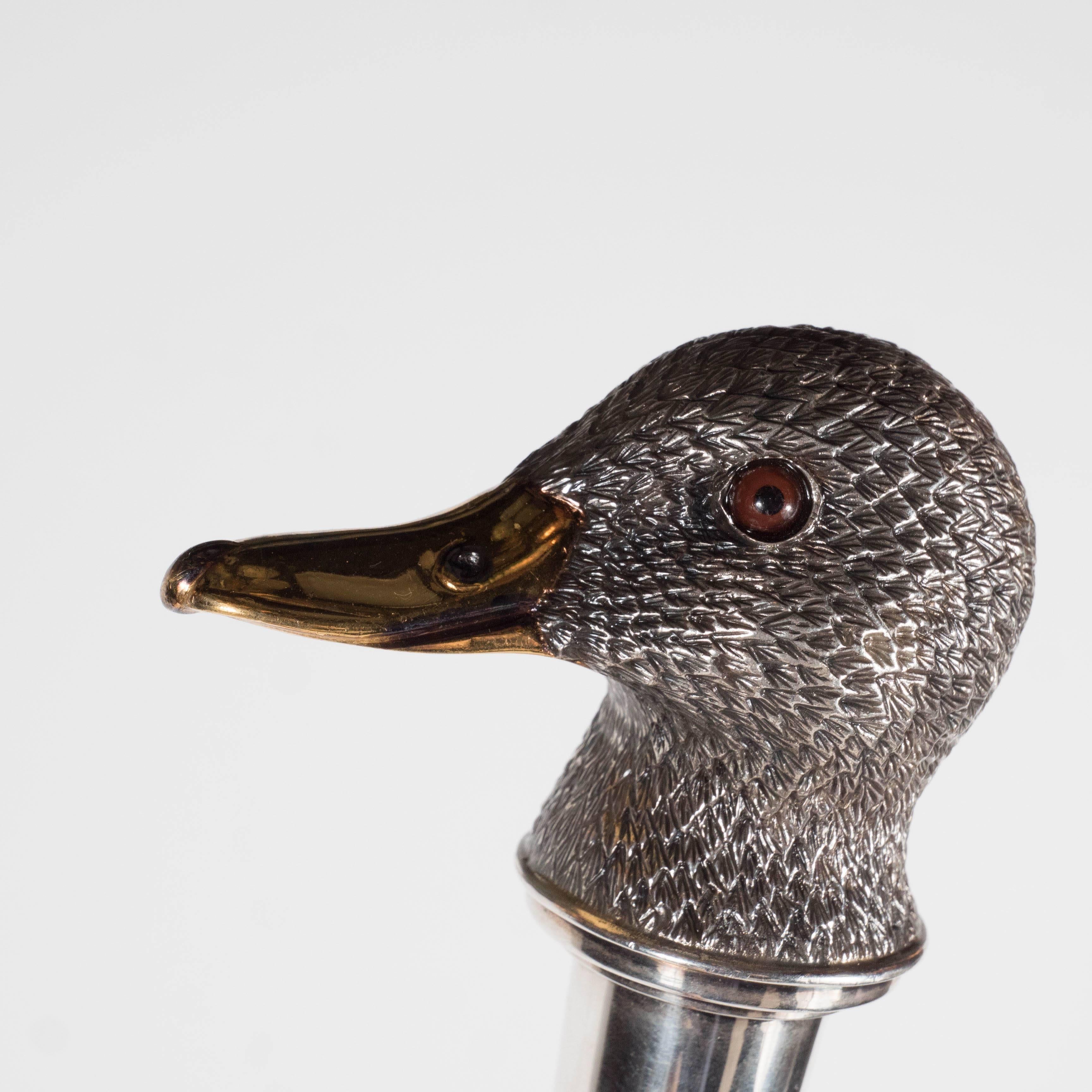 English Asprey & Co Sterling Silver, Gilt and Ebony Duck Walking Stick