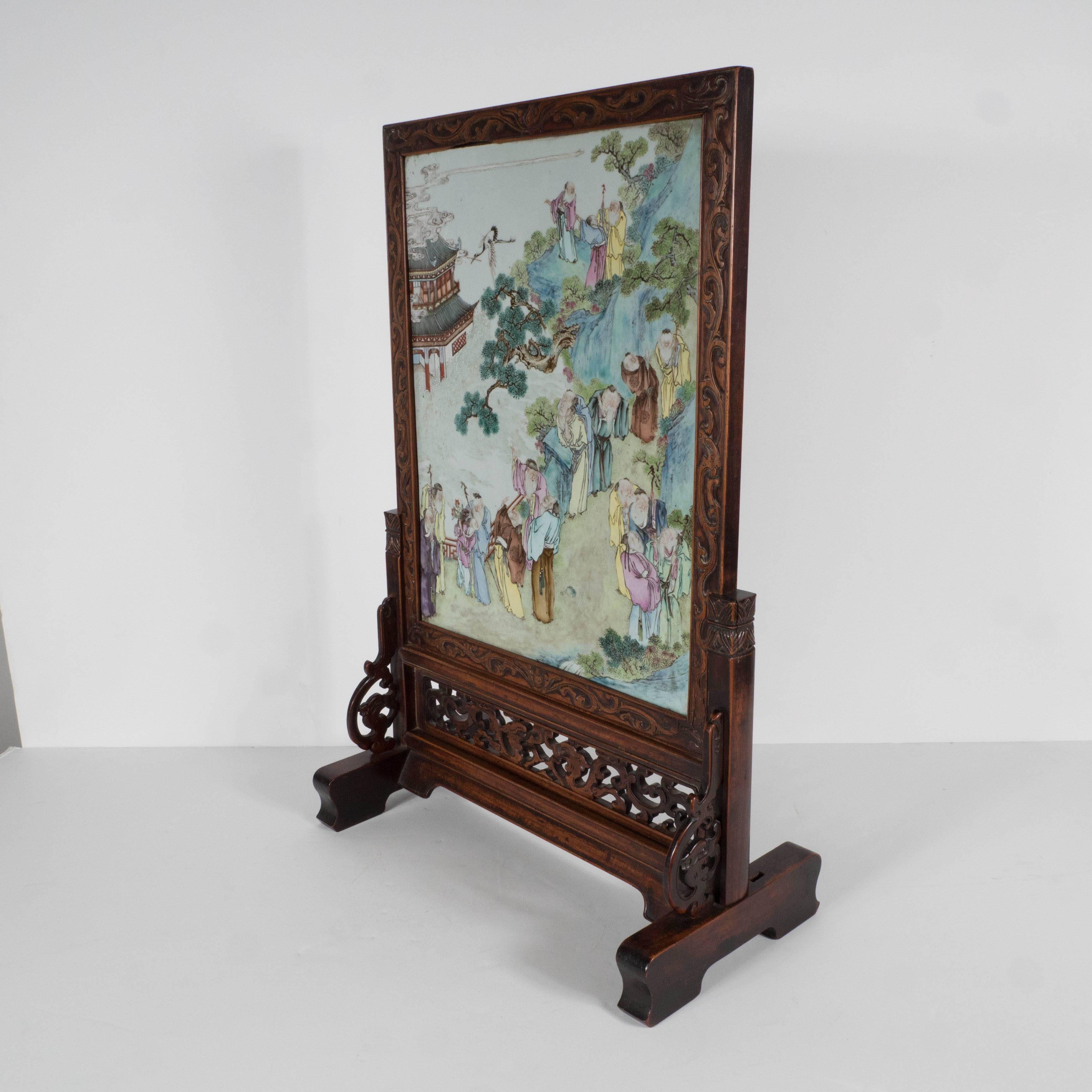 Exquisite Antique 19th Century Chinese Export and Rosewood Table Screen 2