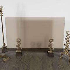 French Mid-Century Modern Bronze Fireplace Suite of Andirons, Tools and Screen