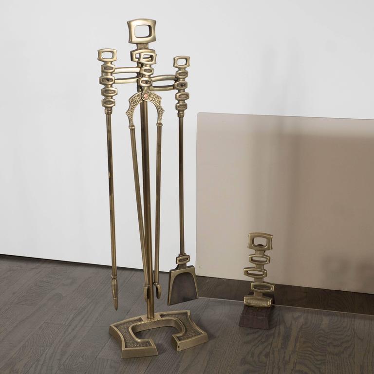 French MidCentury Modern Bronze Fireplace Suite of Andirons, Tools and