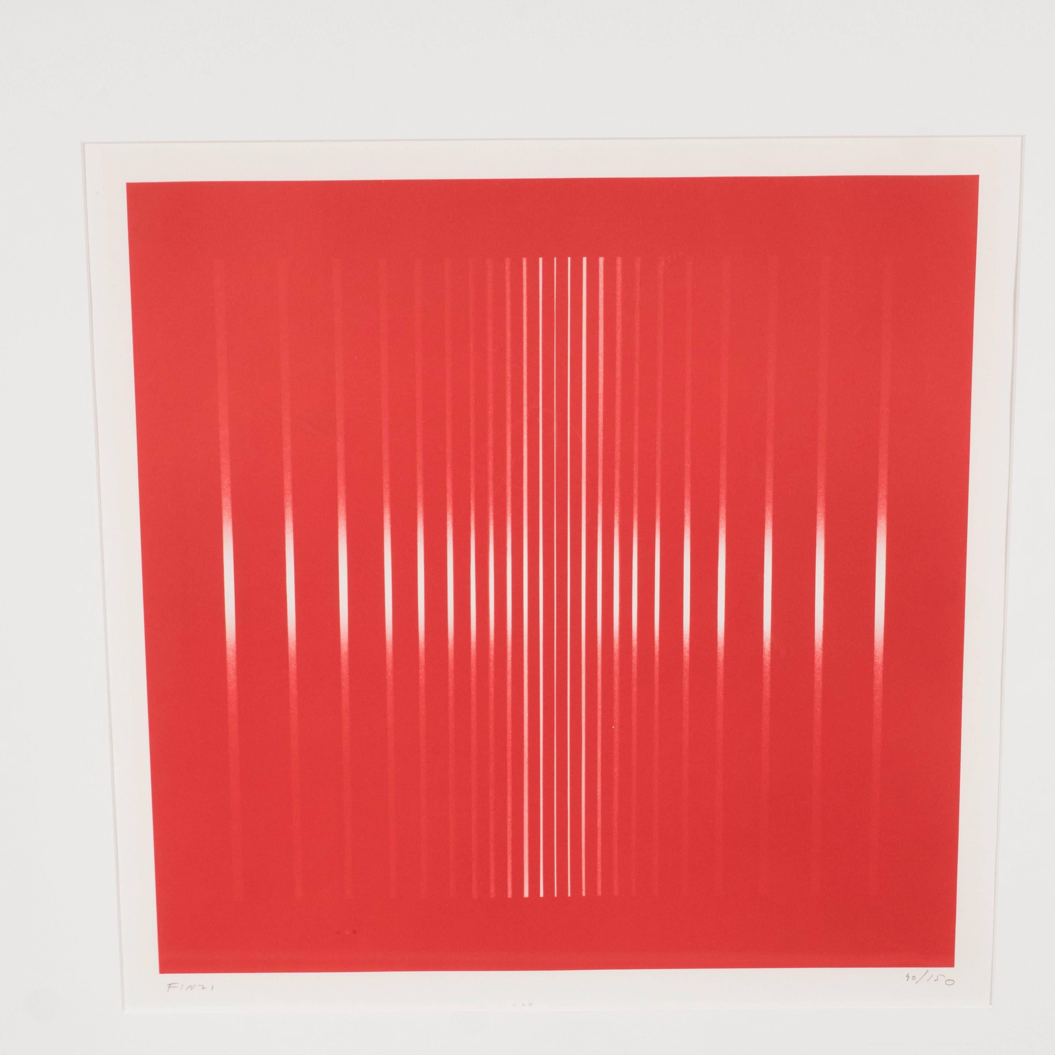 A Mid-Century op-art serigraph, signed Finzi. This piece is very much in the style of Vasarely. Vertical white bands on a red background demonstrate the optical illusion of sensory perception on depth and dimension. This piece is labeled as part of