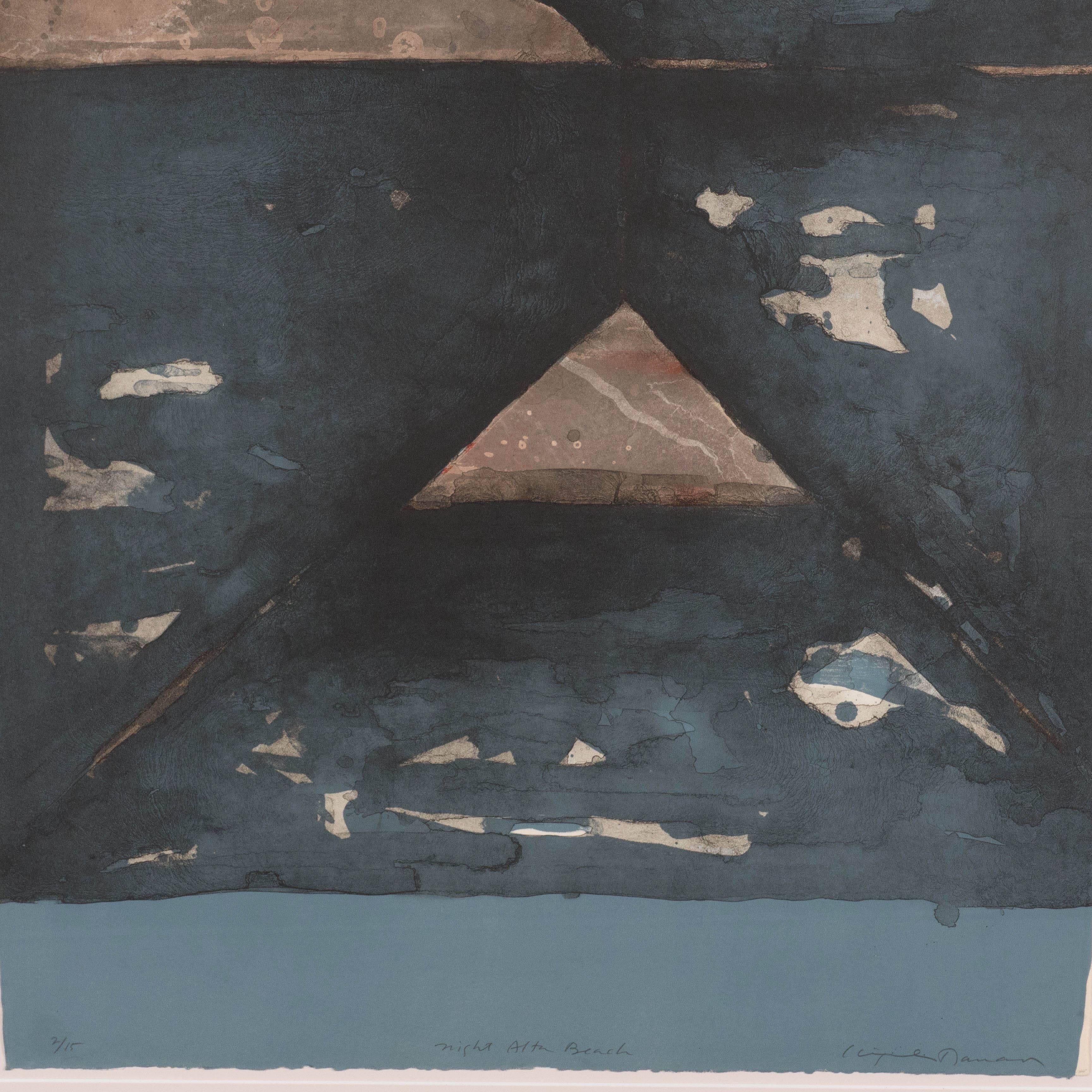 A Mid-Century abstract expressionist original piece by artist Kenjilo Nanano. This piece appears to portray the horizon of a seascape view with mountains and clouds, in shades of teal, blue and grey. It is in excellent condition.

Since the early