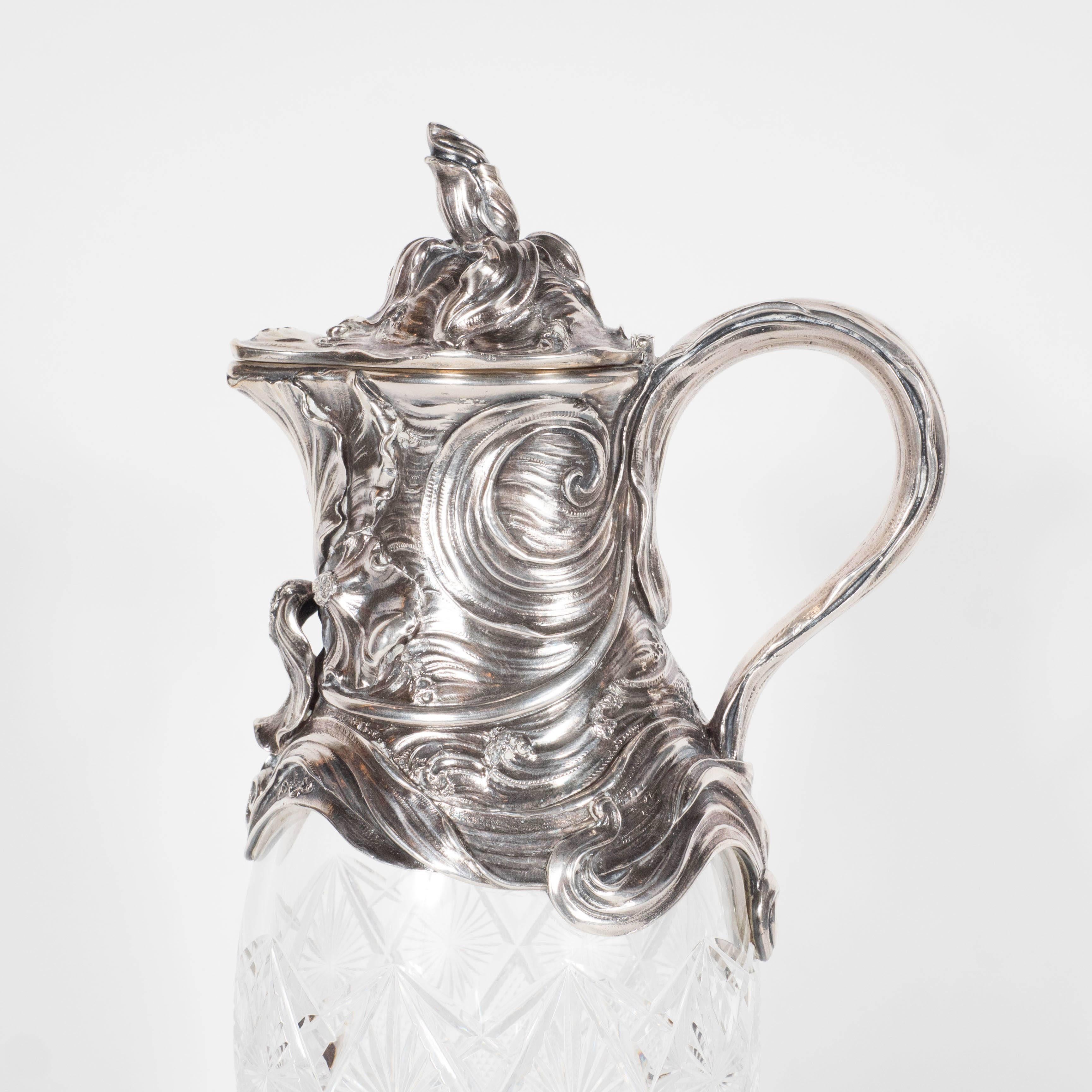 Art Nouveau Sterling Silver and Cut Crystal Wine Decanter or Water Pitcher In Excellent Condition In New York, NY