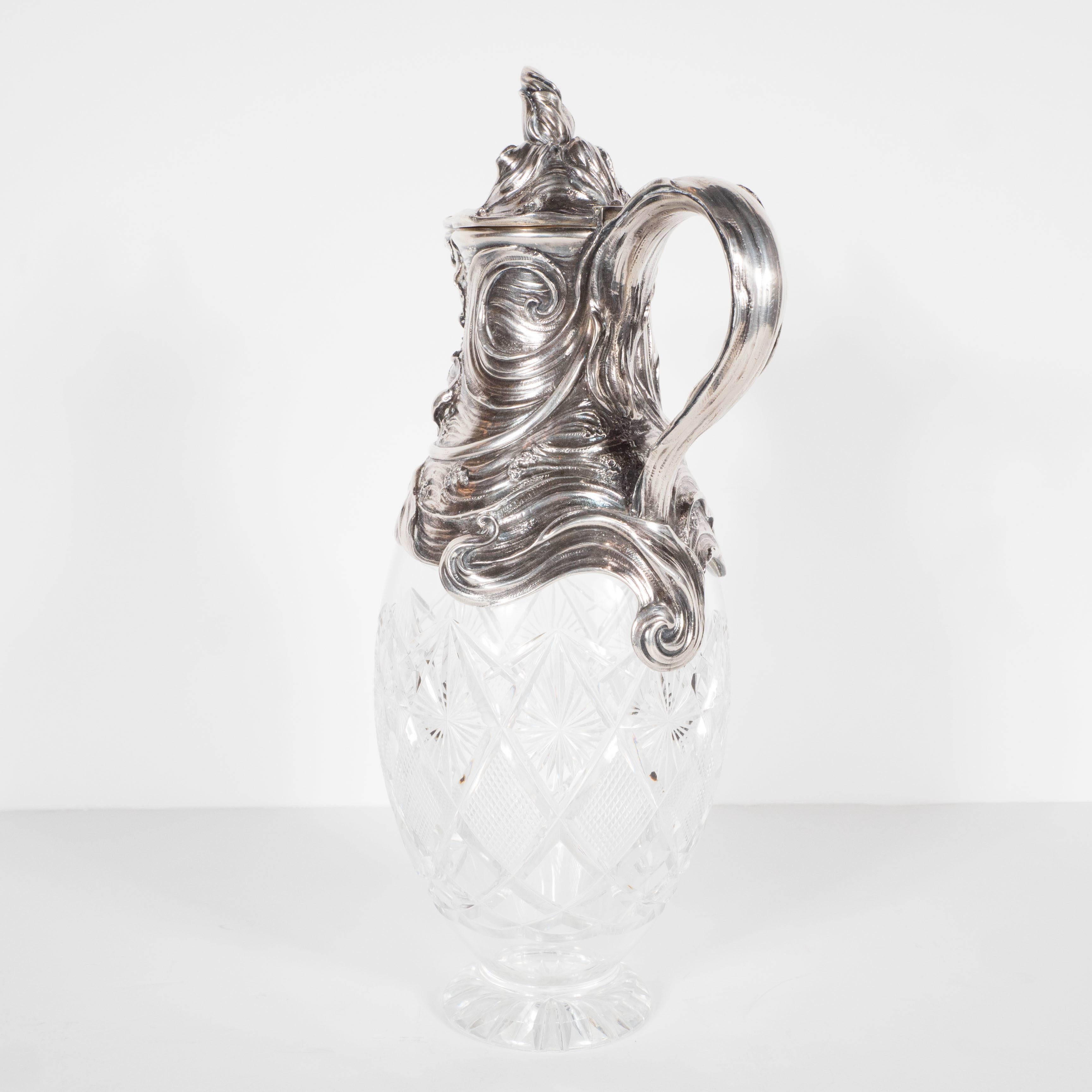 Early 20th Century Art Nouveau Sterling Silver and Cut Crystal Wine Decanter or Water Pitcher