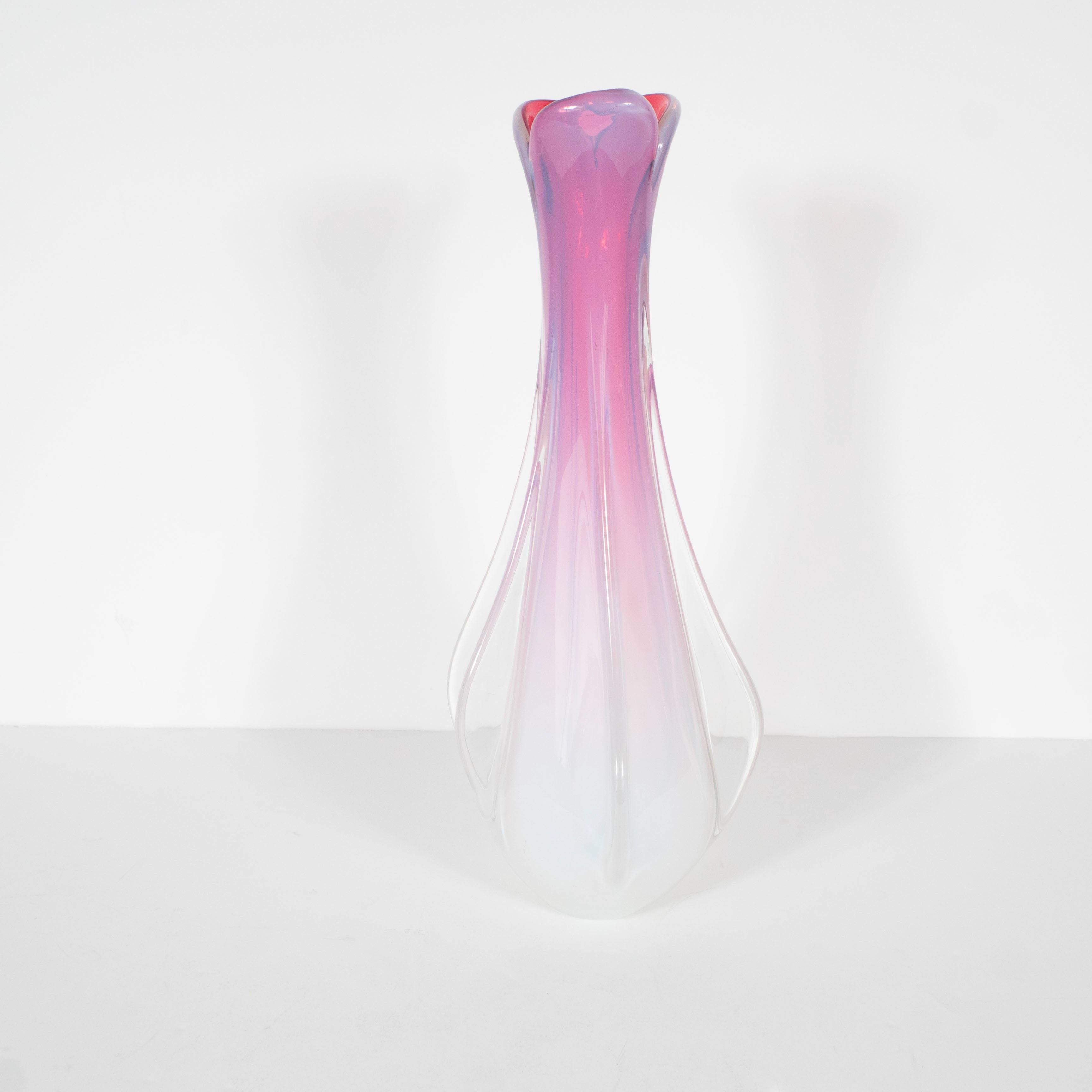 Blown Glass Mid-Century Handblown Murano Glass Vase in Ombre Tones of Rose and Chambord