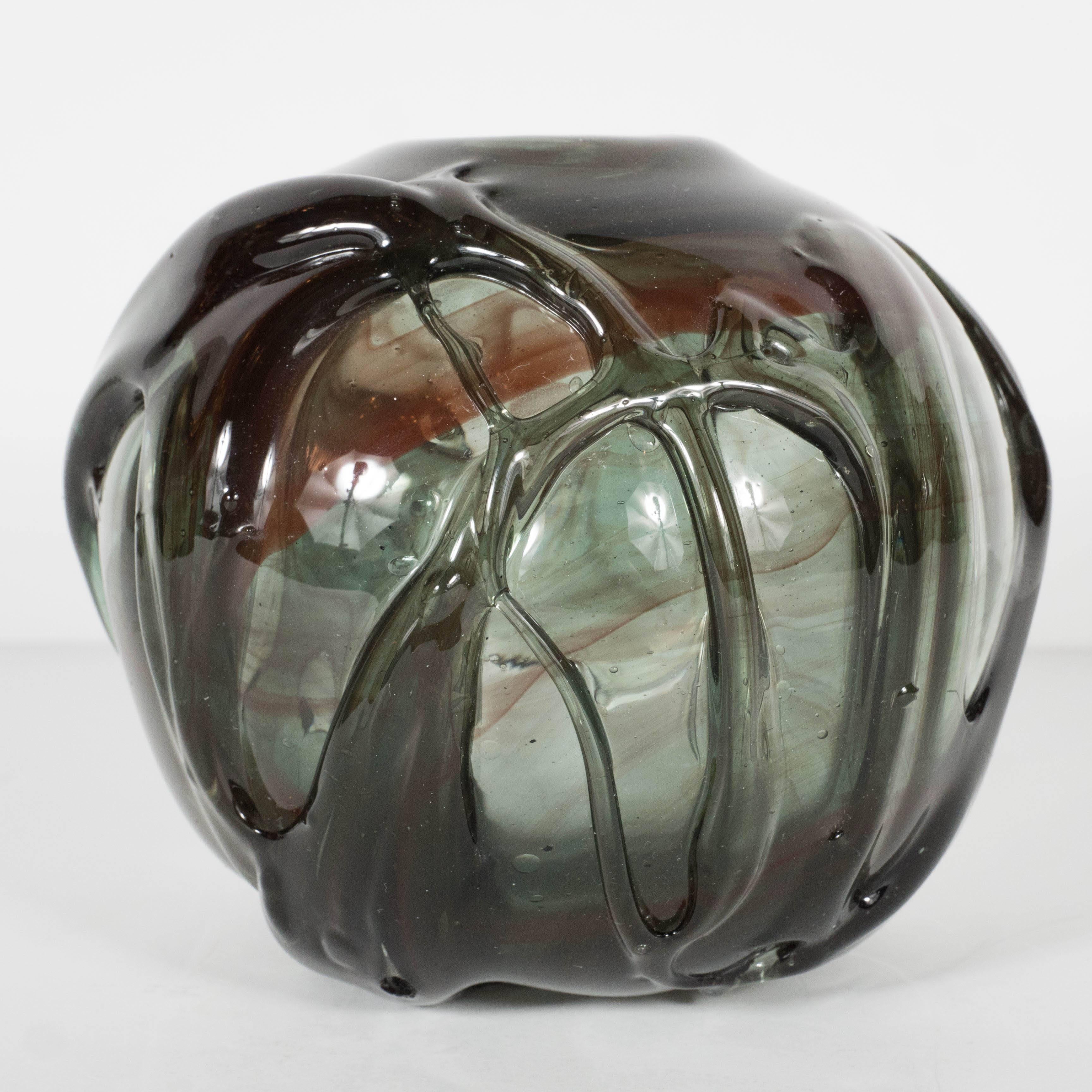 Mid-Century Modernist Handblown Smoked Tourmaline / Cinnabar Murano Glass Vase 1
