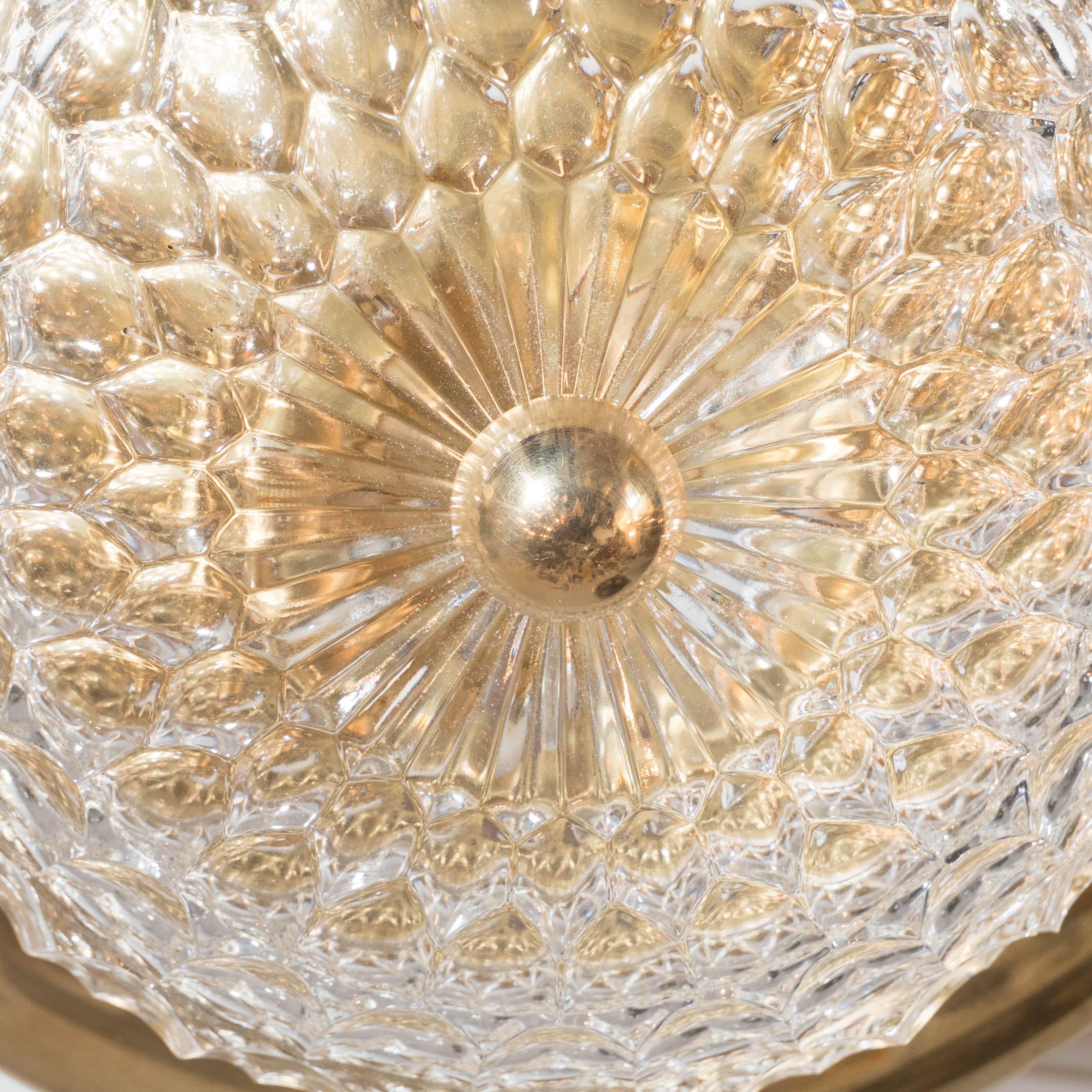 Mid-Century Modernist Crystal Dome and Brass Flush Mount Chandelier In Excellent Condition For Sale In New York, NY