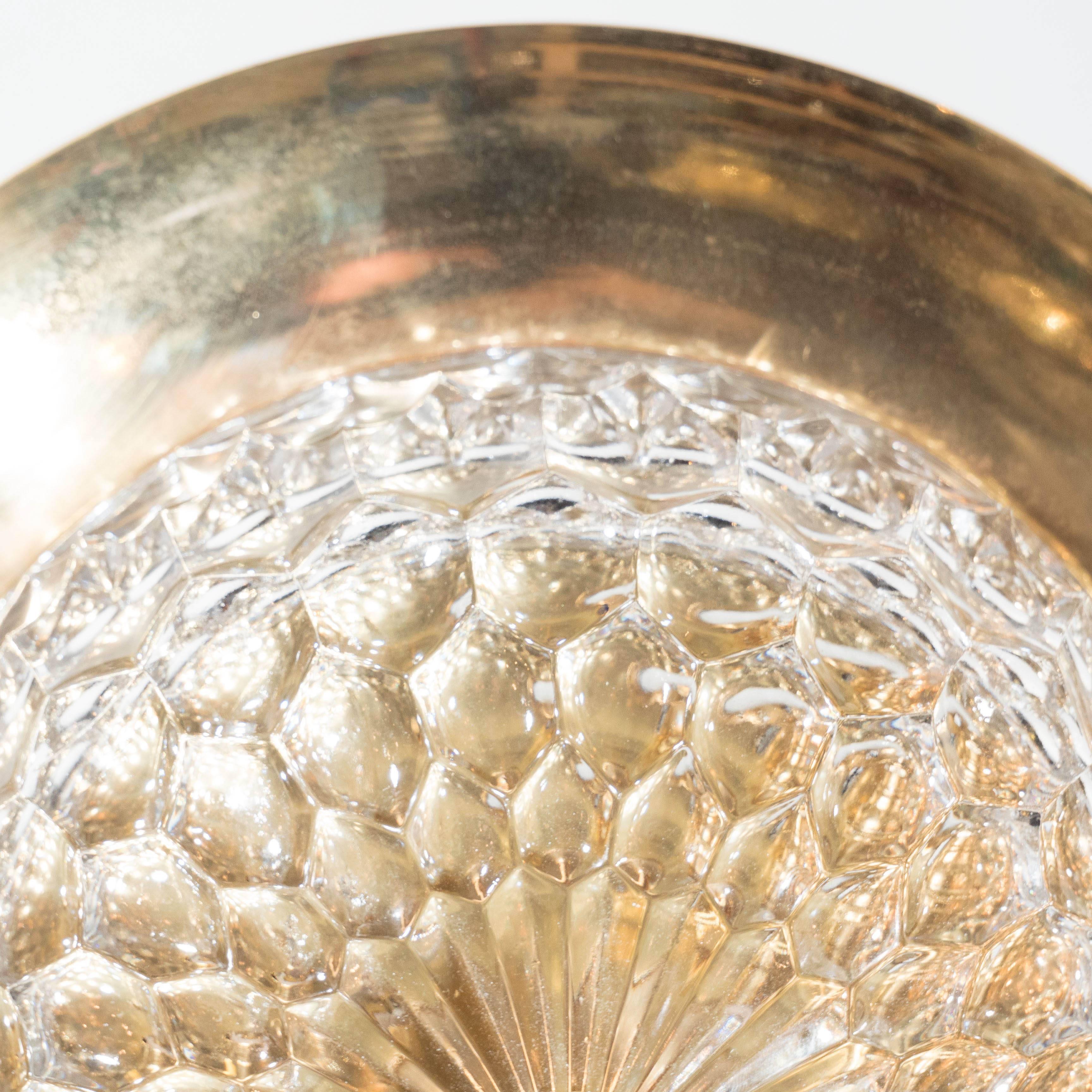 Mid-20th Century Mid-Century Modernist Crystal Dome and Brass Flush Mount Chandelier For Sale