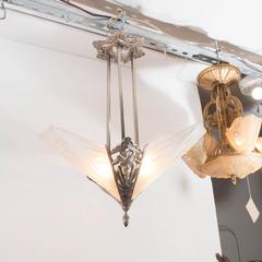 Art Deco Chandelier by Sabino in Nickel & Frosted Skyscraper Style Glass Shades