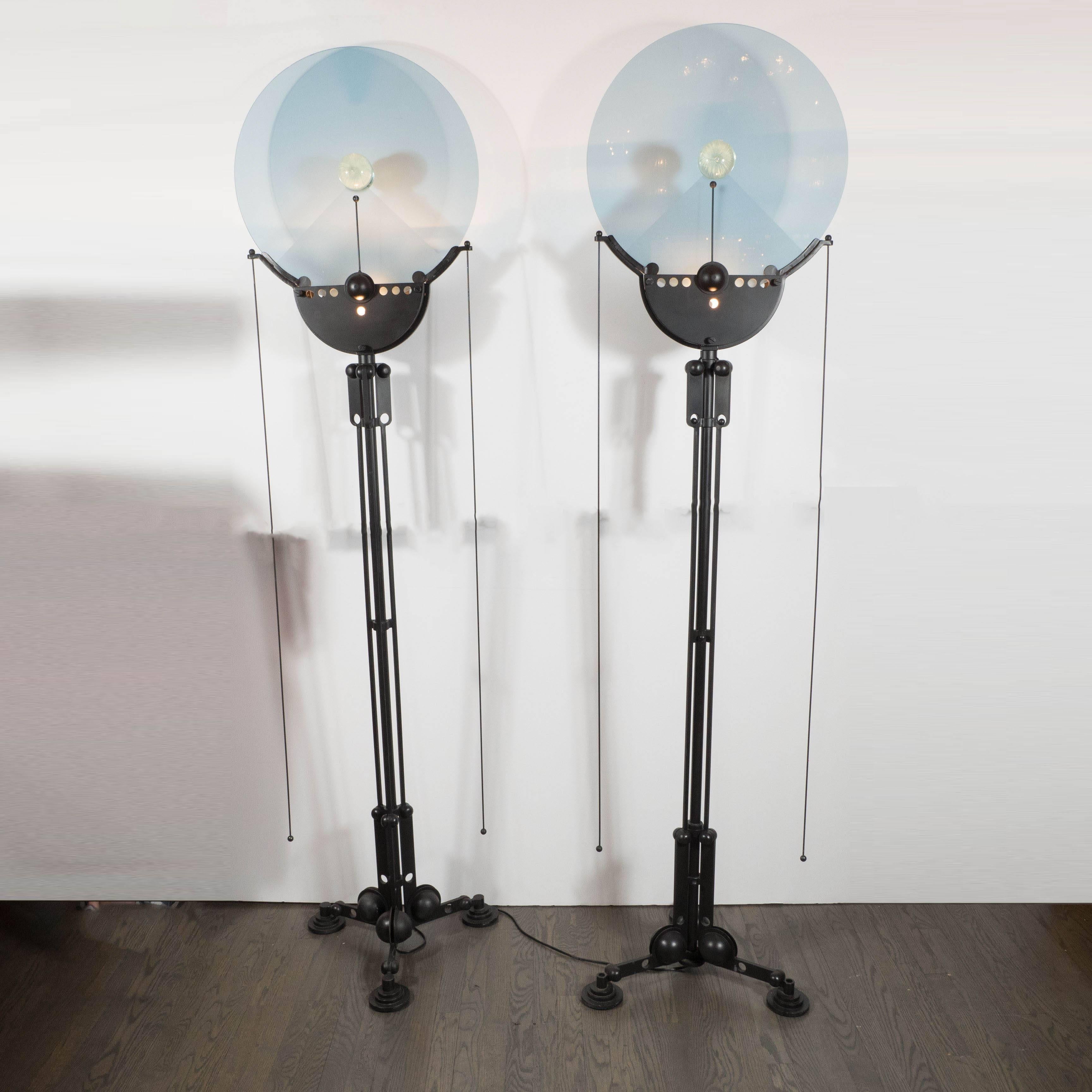 Iron Pair of Structural Memphis Industrial Style Floor Lamps with Murano Glass Discs