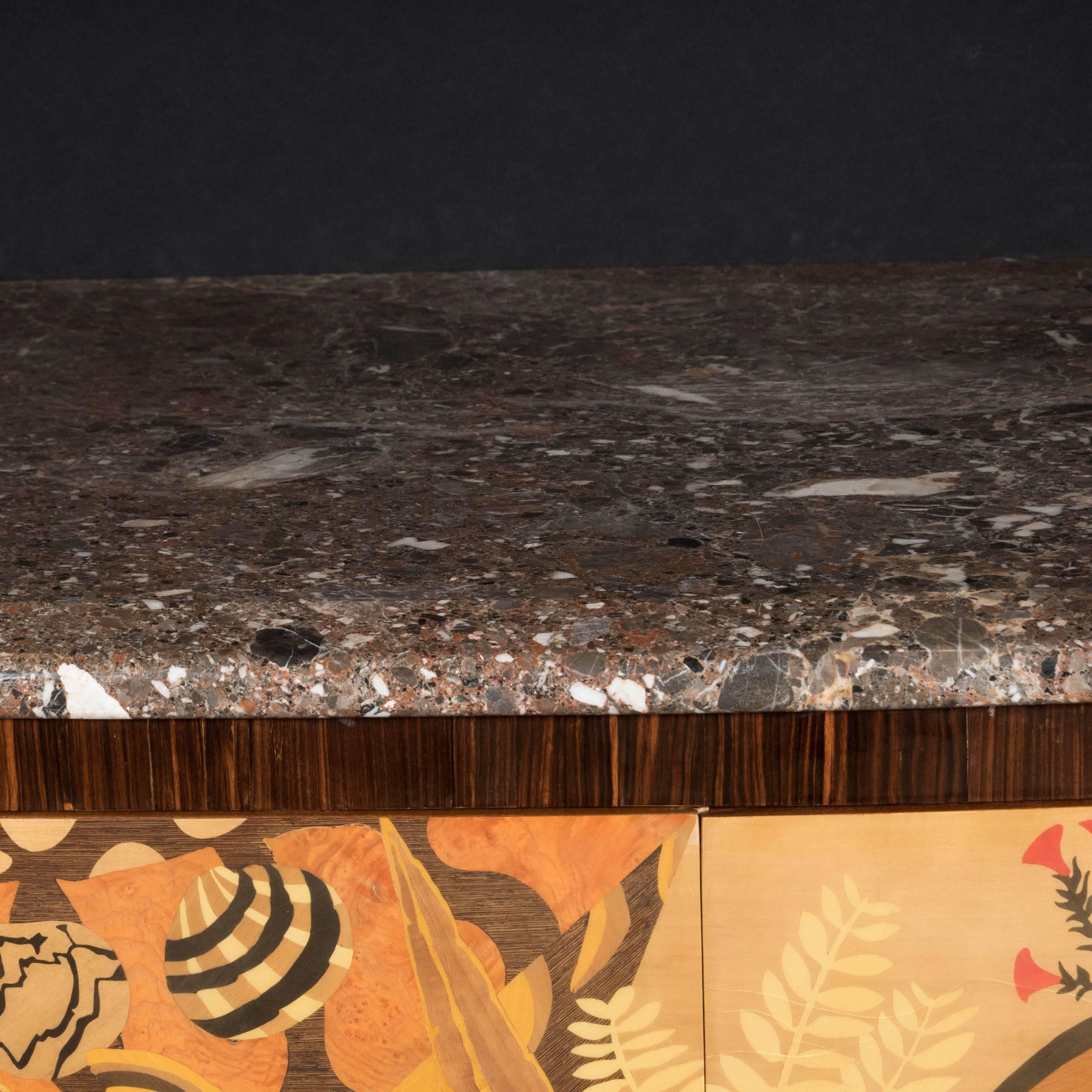 Italian Art Deco Style Sideboard or Cabinet with Exotic Wood Inlay and Marble Top