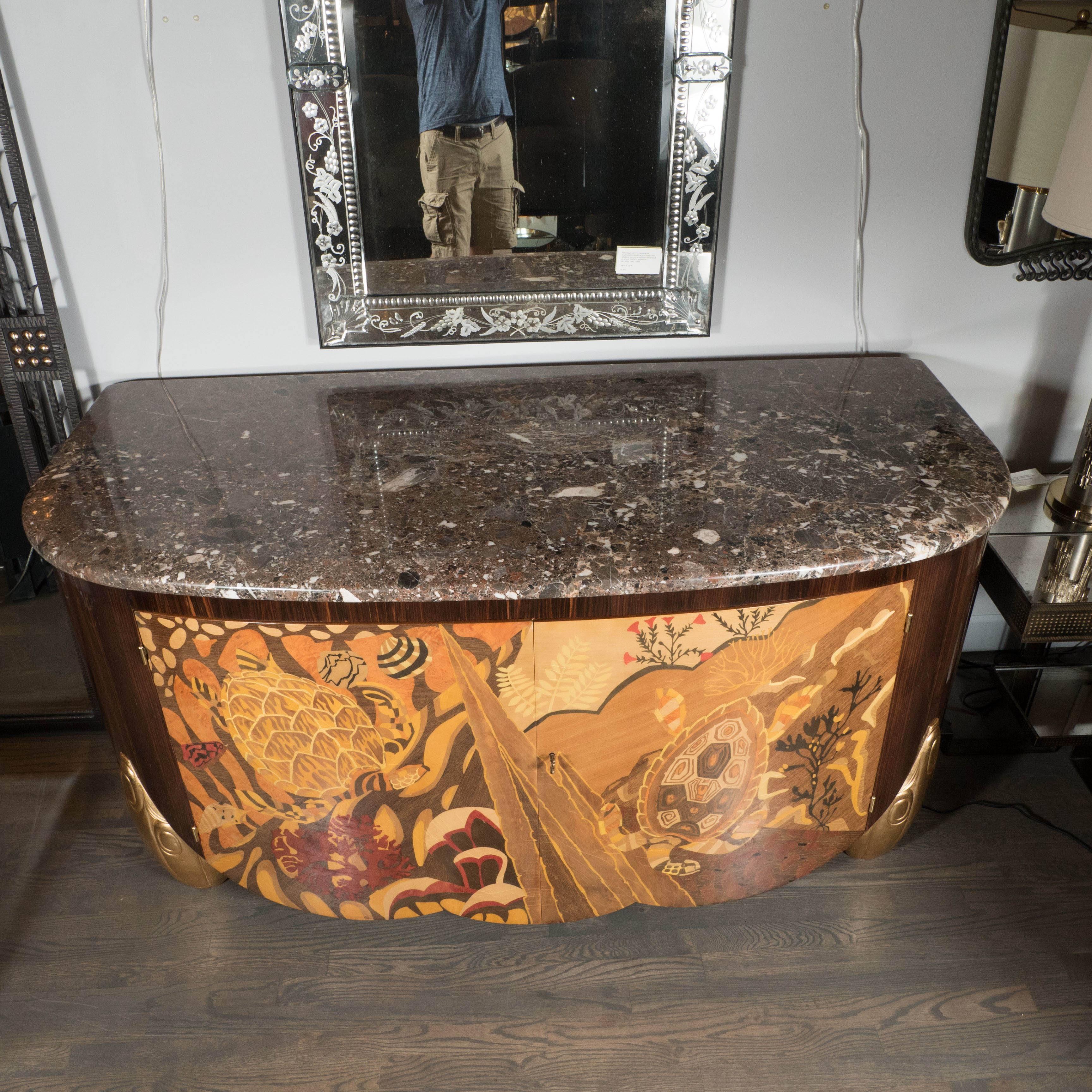 Late 20th Century Art Deco Style Sideboard or Cabinet with Exotic Wood Inlay and Marble Top