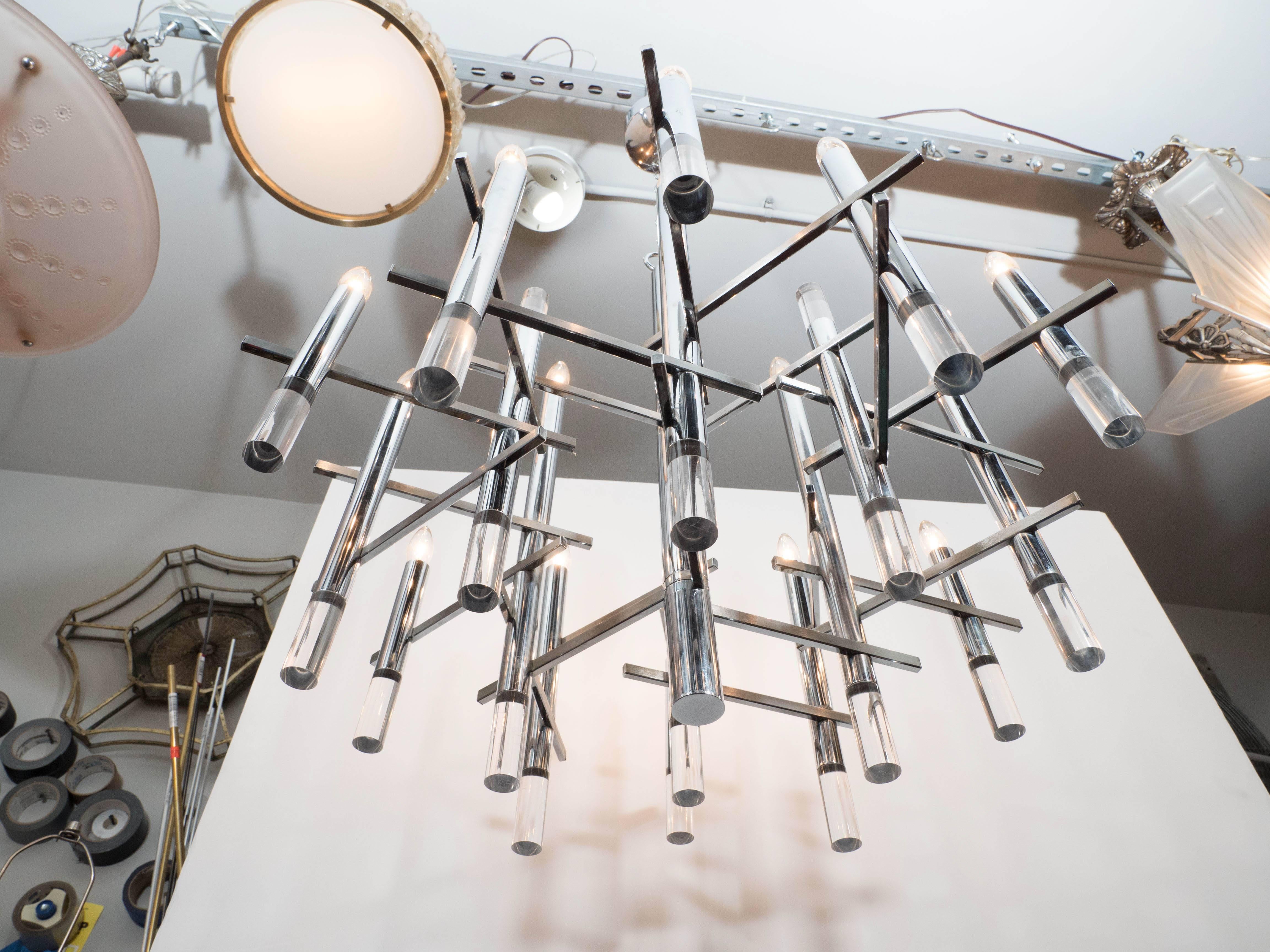 Italian Mid-Century Modern Chrome & Lucite Chandelier by Gaetano Sciolari 2