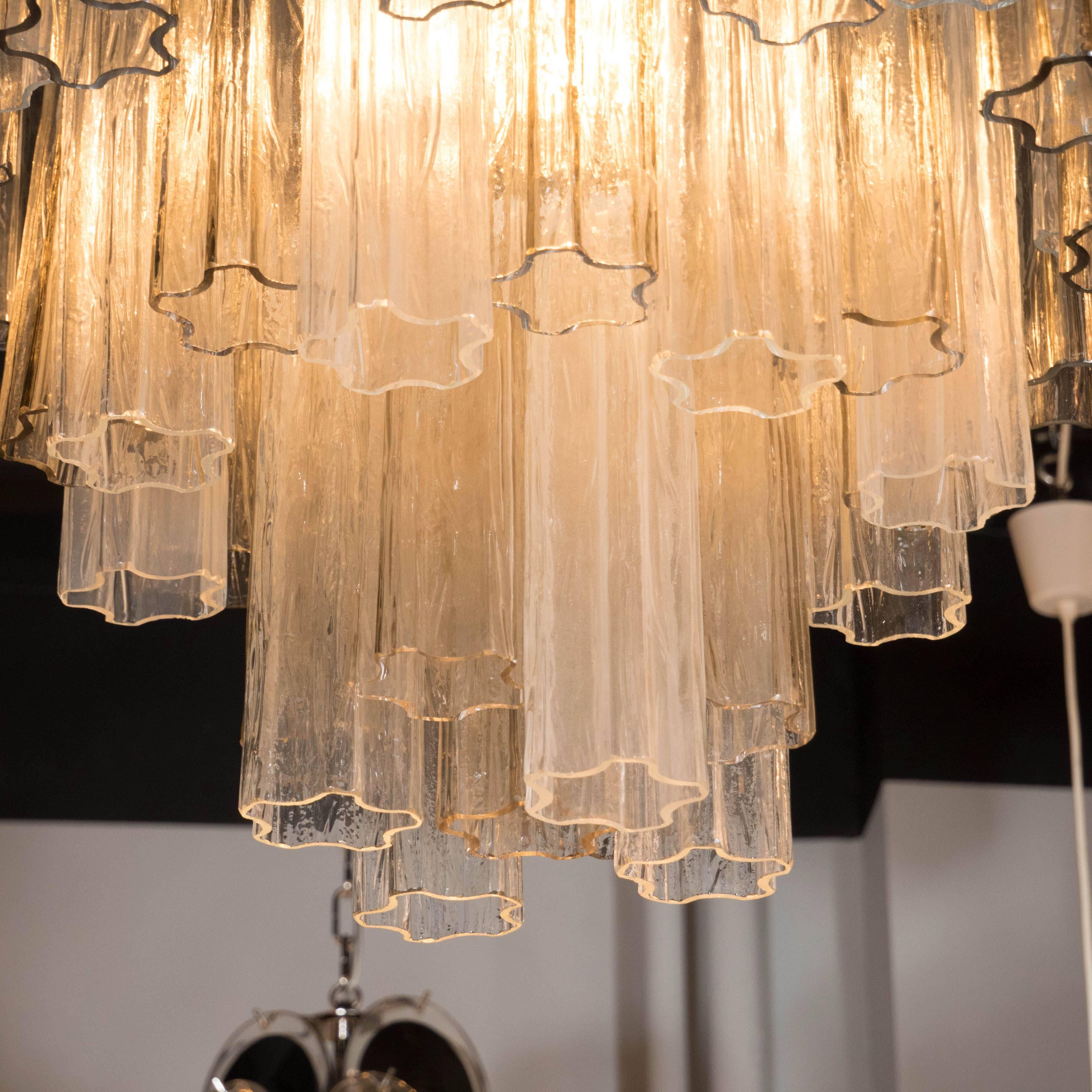 Mid-Century Modern Murano Three-Tier Smoked and Clear Tronchi Chandelier with Chrome Fittings