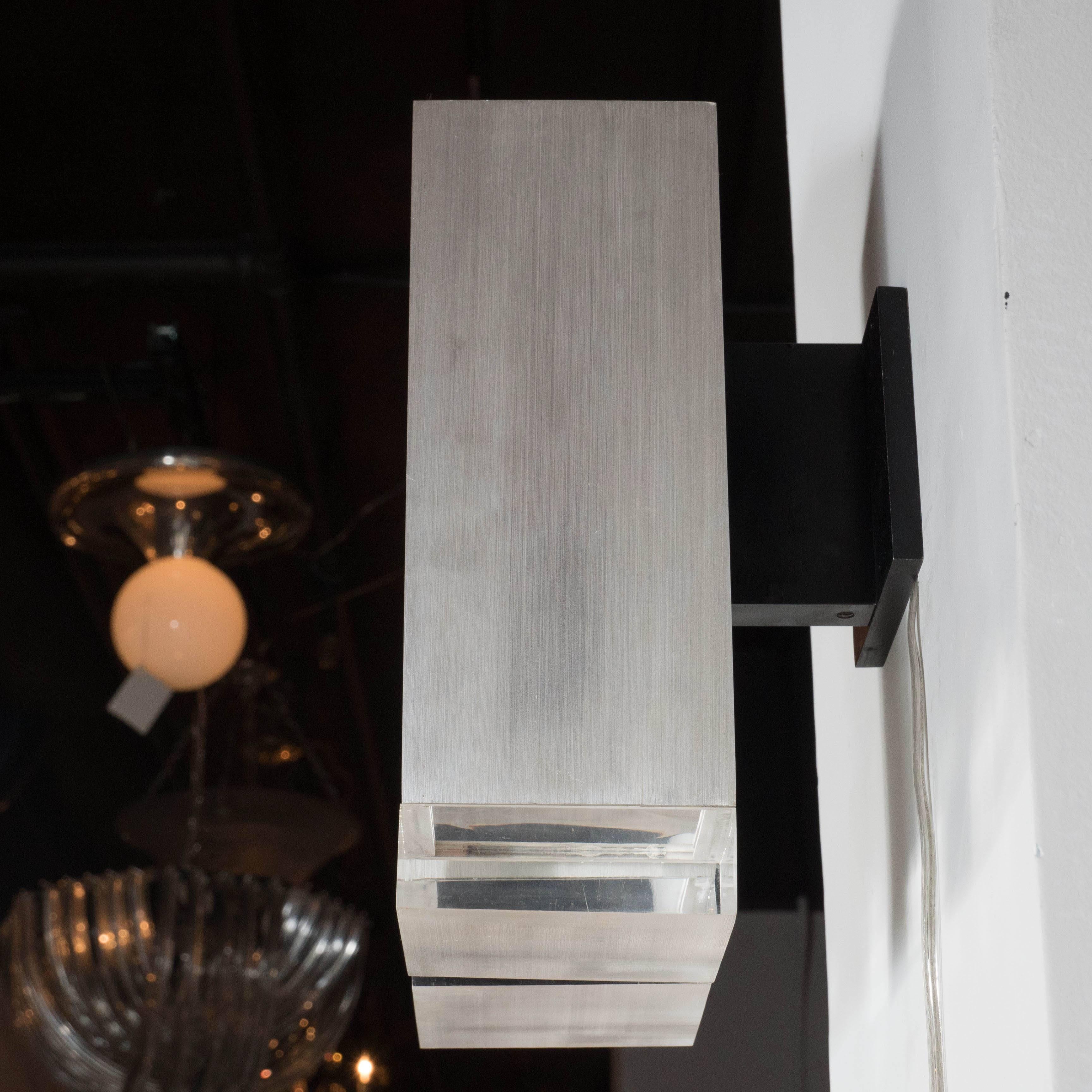 Italian Pair of Mid-Century Brushed Aluminum Down-Light Sconce with Lucite Detailing For Sale