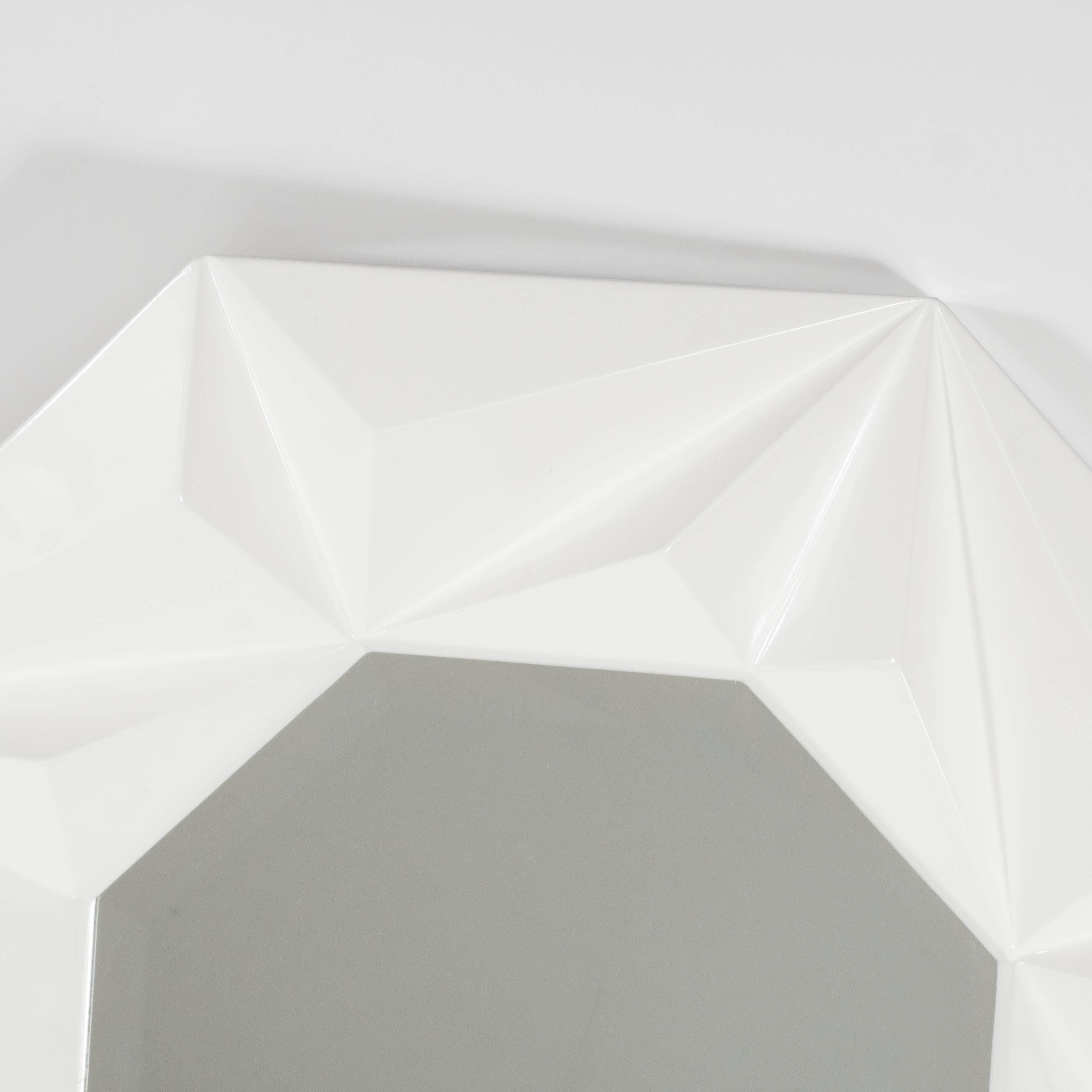 American Modernist Faceted Octagonal Mirror in White Lacquer