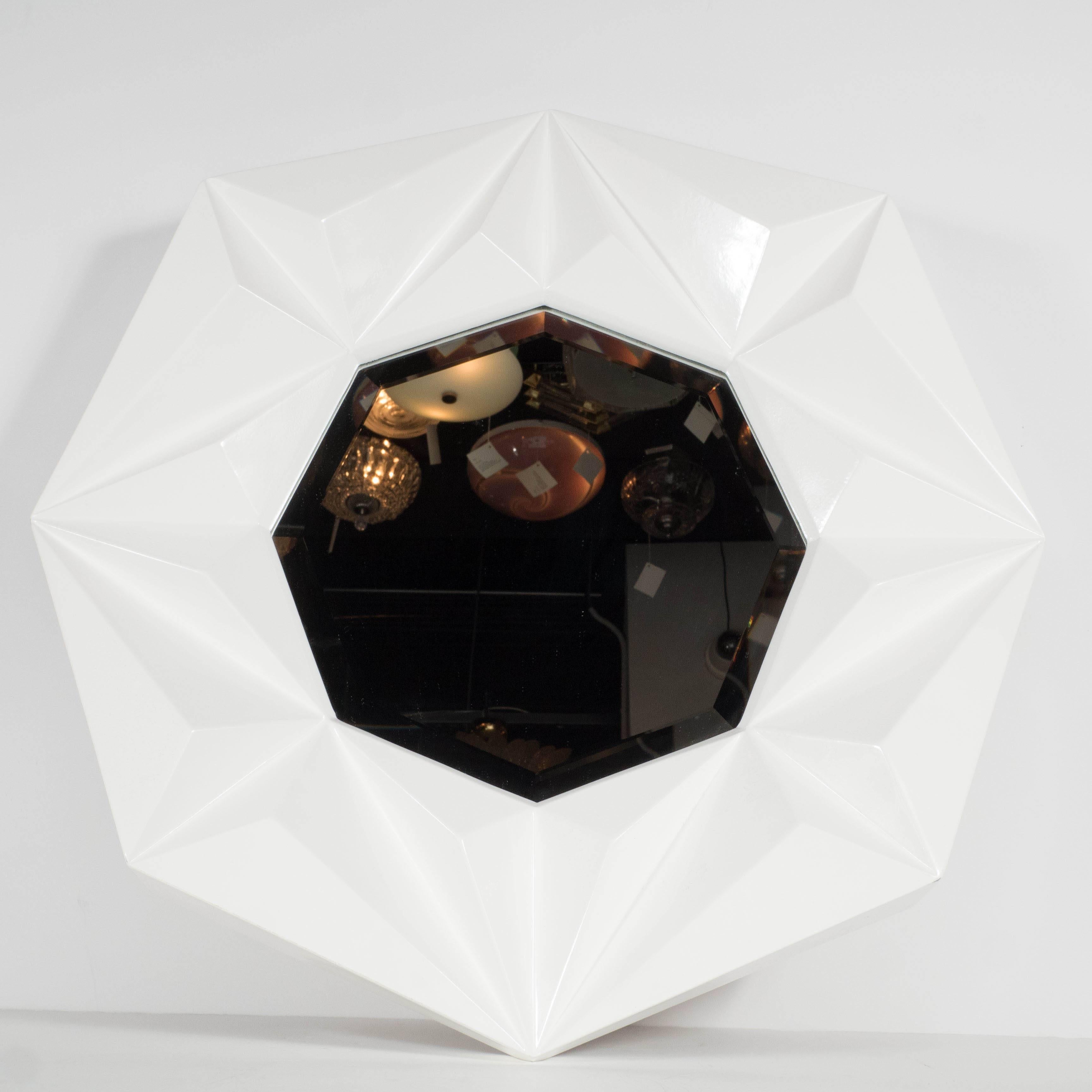 20th Century Modernist Faceted Octagonal Mirror in White Lacquer
