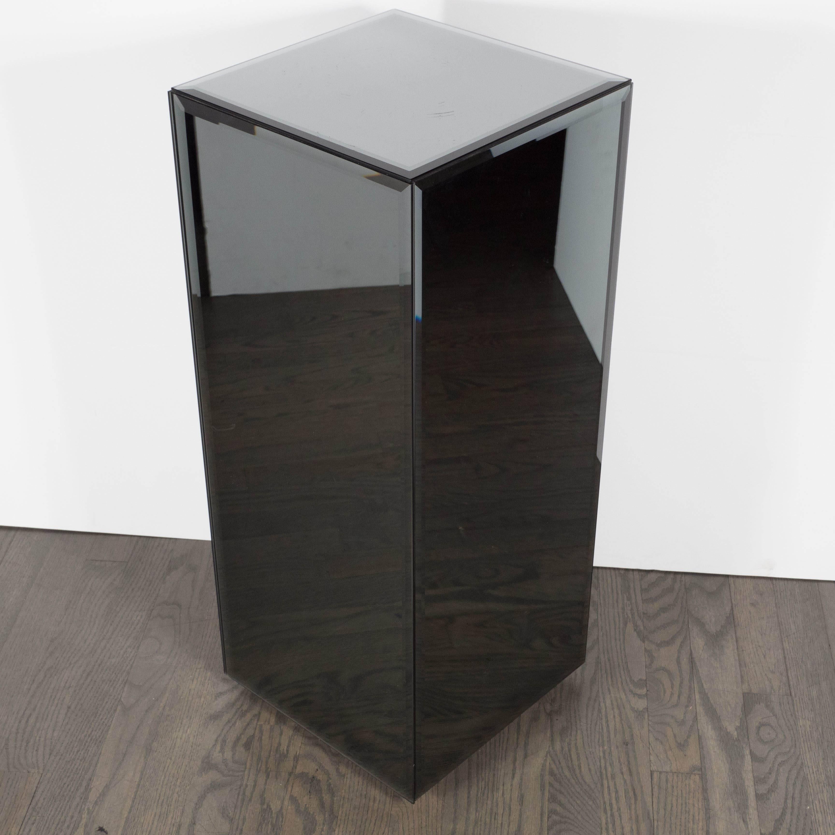 Late 20th Century Mid-Century Modernist Smoked Mirrored Glass Pedestal with Beveled Edges