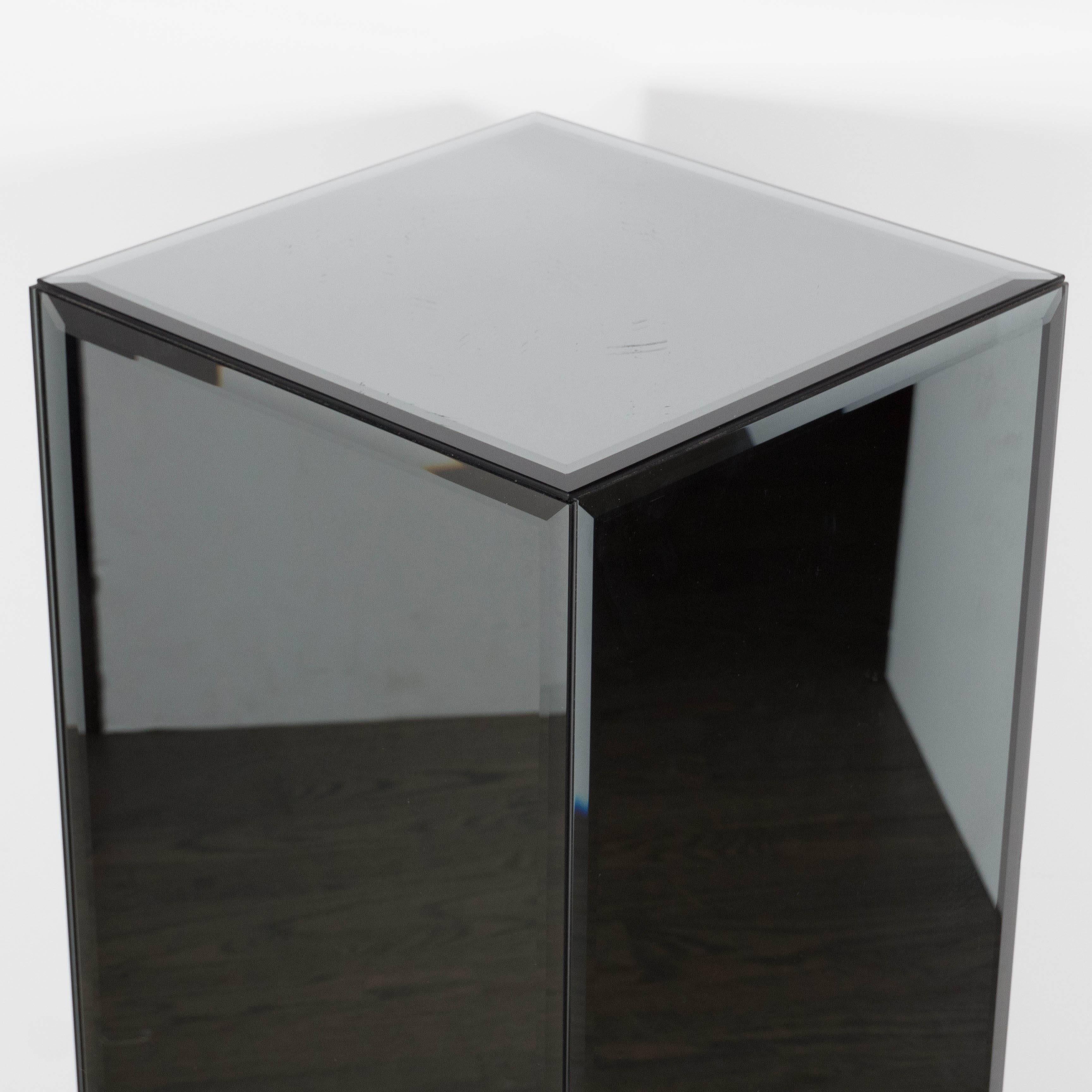 Mid-Century Modernist Smoked Mirrored Glass Pedestal with Beveled Edges 1