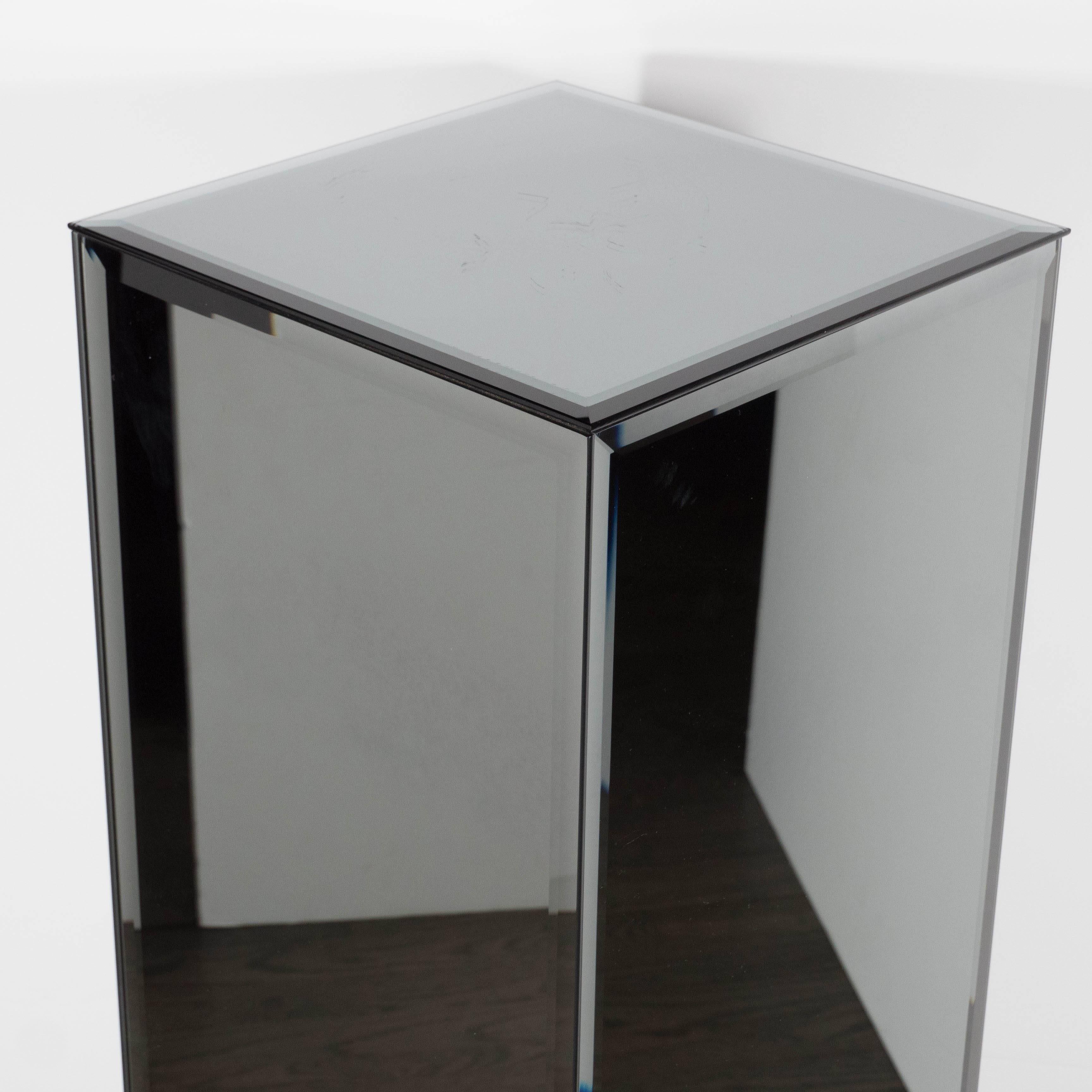 Late 20th Century Mid-Century Modern Volumetric Rectangular Smoked Mirror & Hand Beveled Pedestal