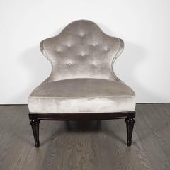 1940s Hollywood Regency Crest-Back Button-Tufted Chair in Platinum Velvet