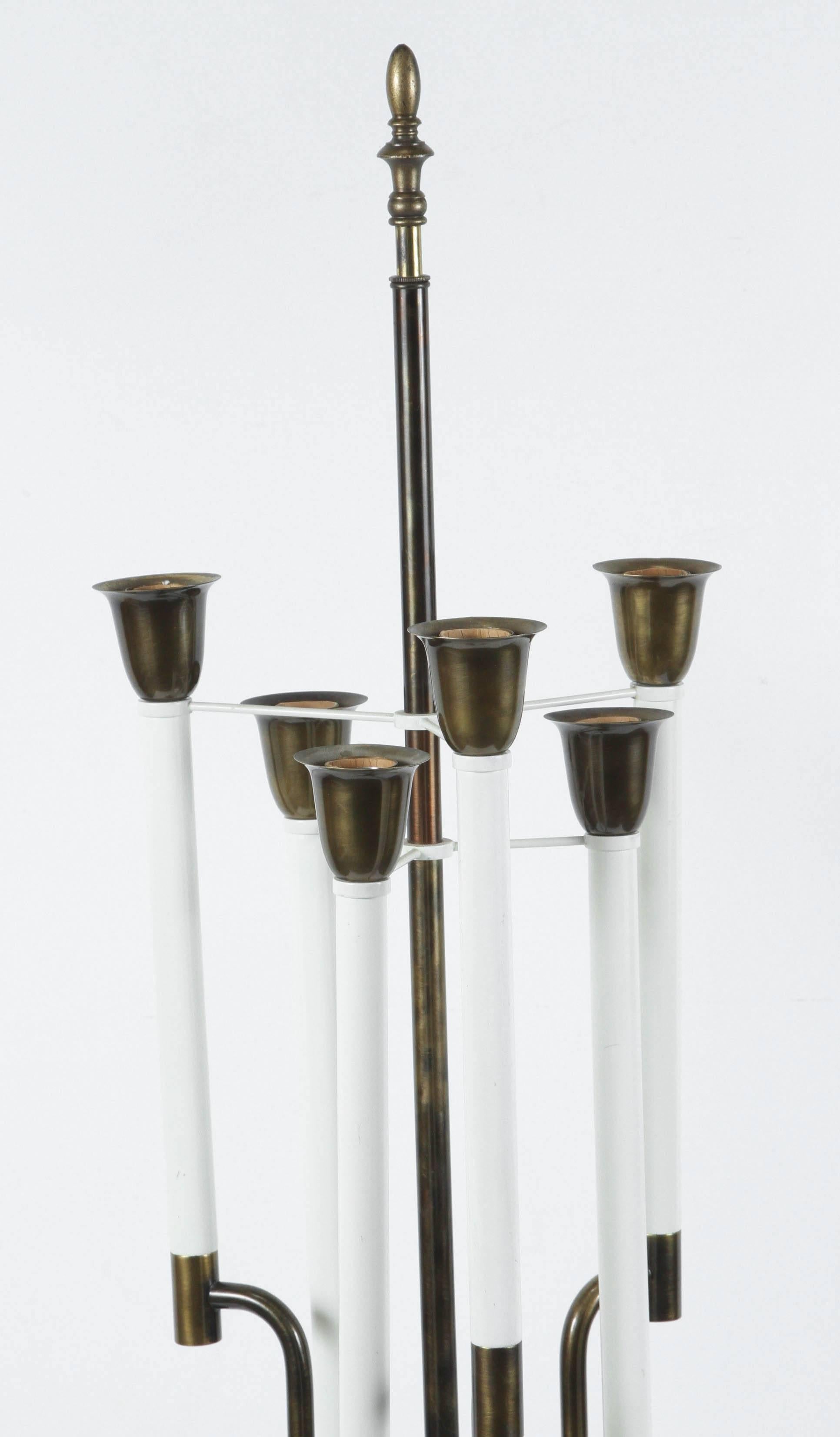 Monumental Mid Century Tommi Parzinger for Stiffel White, Brass and Marble Candelabra Lamps, 1940s.
Substantial Stiffel Lamp Company brass and white marble candlestick table lamp in the style of Tommi Parzinger.
Featuring a round six candlestick