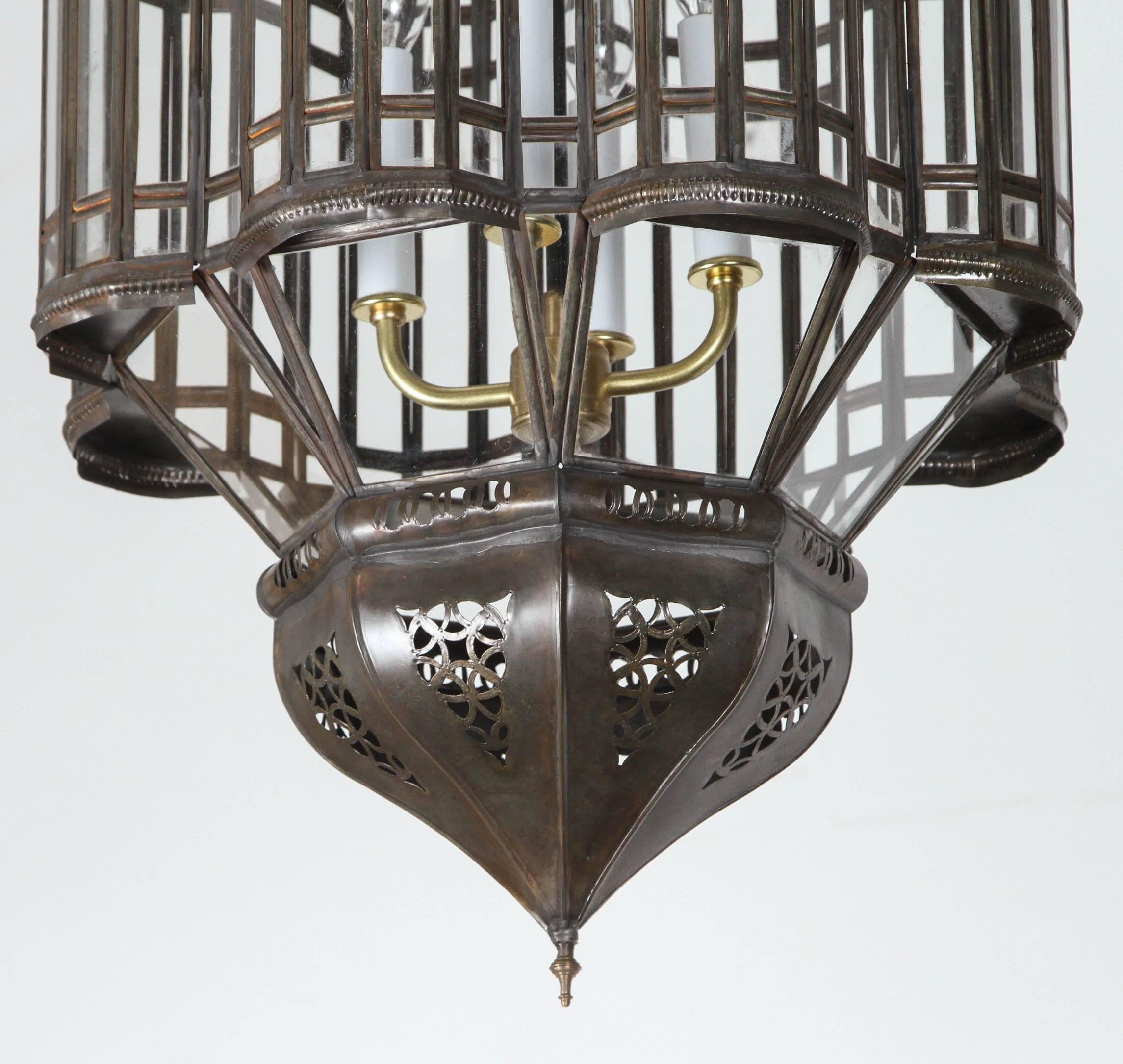 Hand-Crafted Large-Scale Moroccan Moorish Pendant Chandelier, Metal and Clear Glass