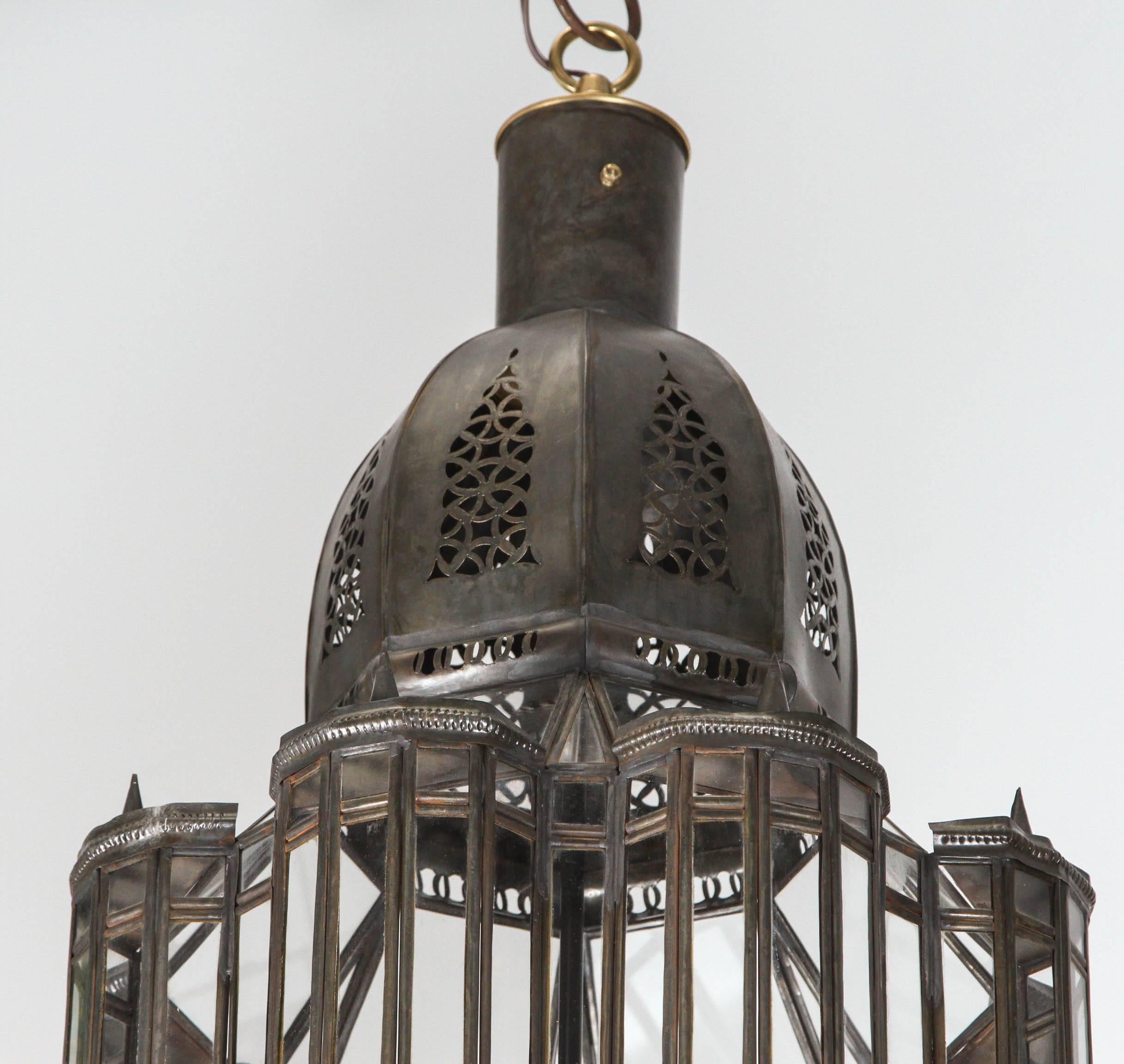 20th Century Large-Scale Moroccan Moorish Pendant Chandelier, Metal and Clear Glass