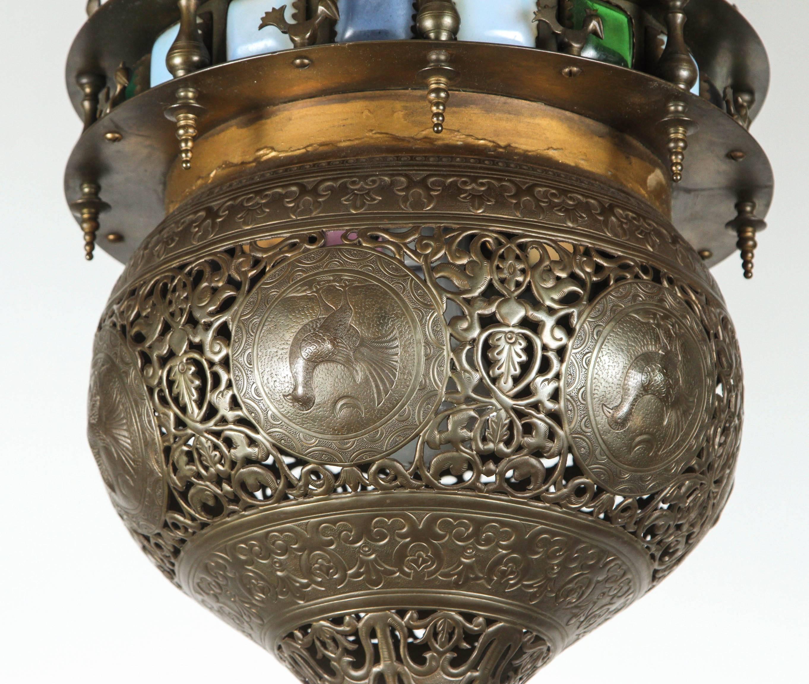 Syrian Moorish Brass Light Fixture Chandelier with Glass Panels