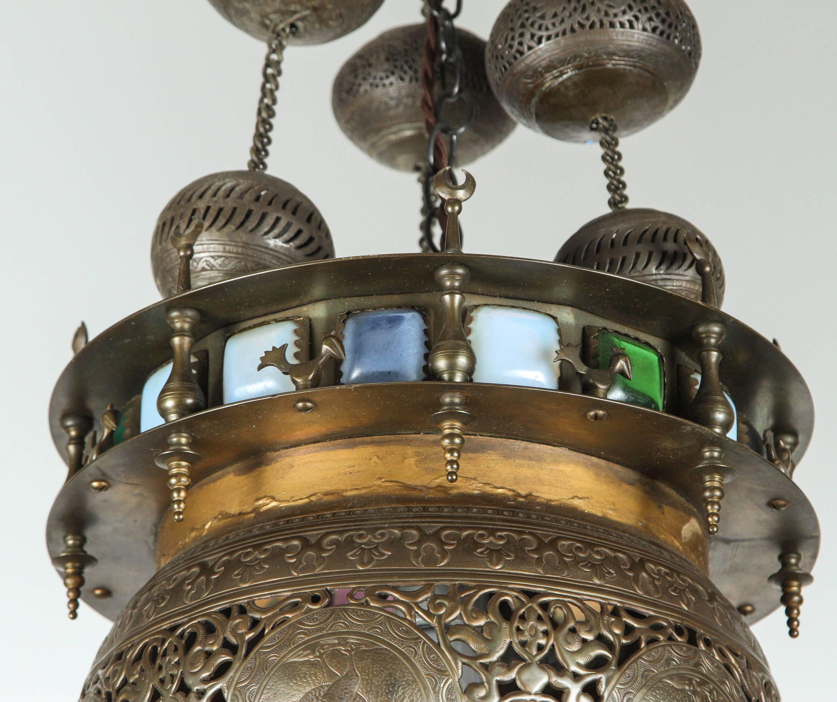 Hammered Moorish Brass Light Fixture Chandelier with Glass Panels