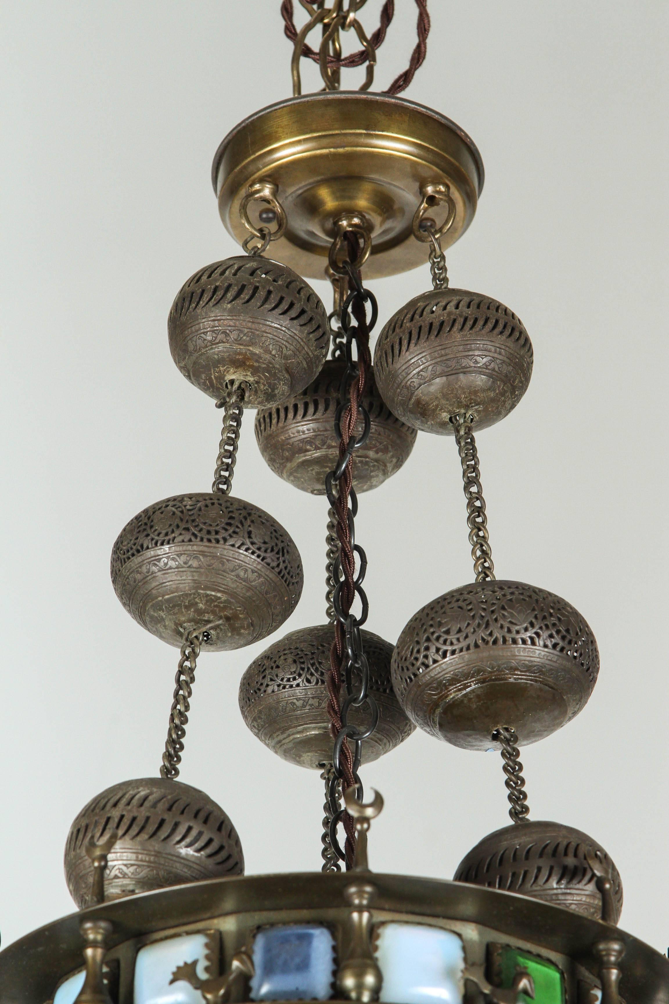 Moorish Brass Light Fixture Chandelier with Glass Panels In Good Condition In North Hollywood, CA