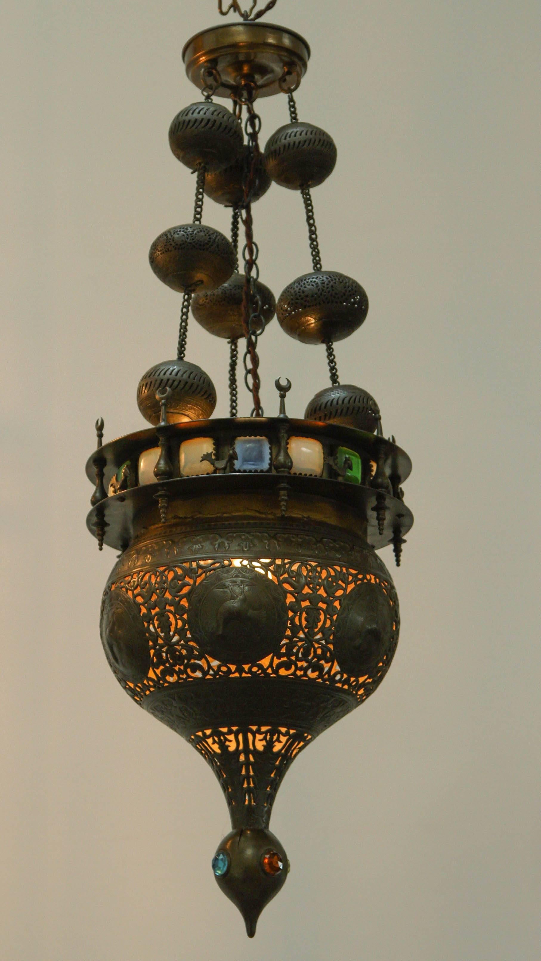 20th Century Moorish Brass Light Fixture Chandelier with Glass Panels