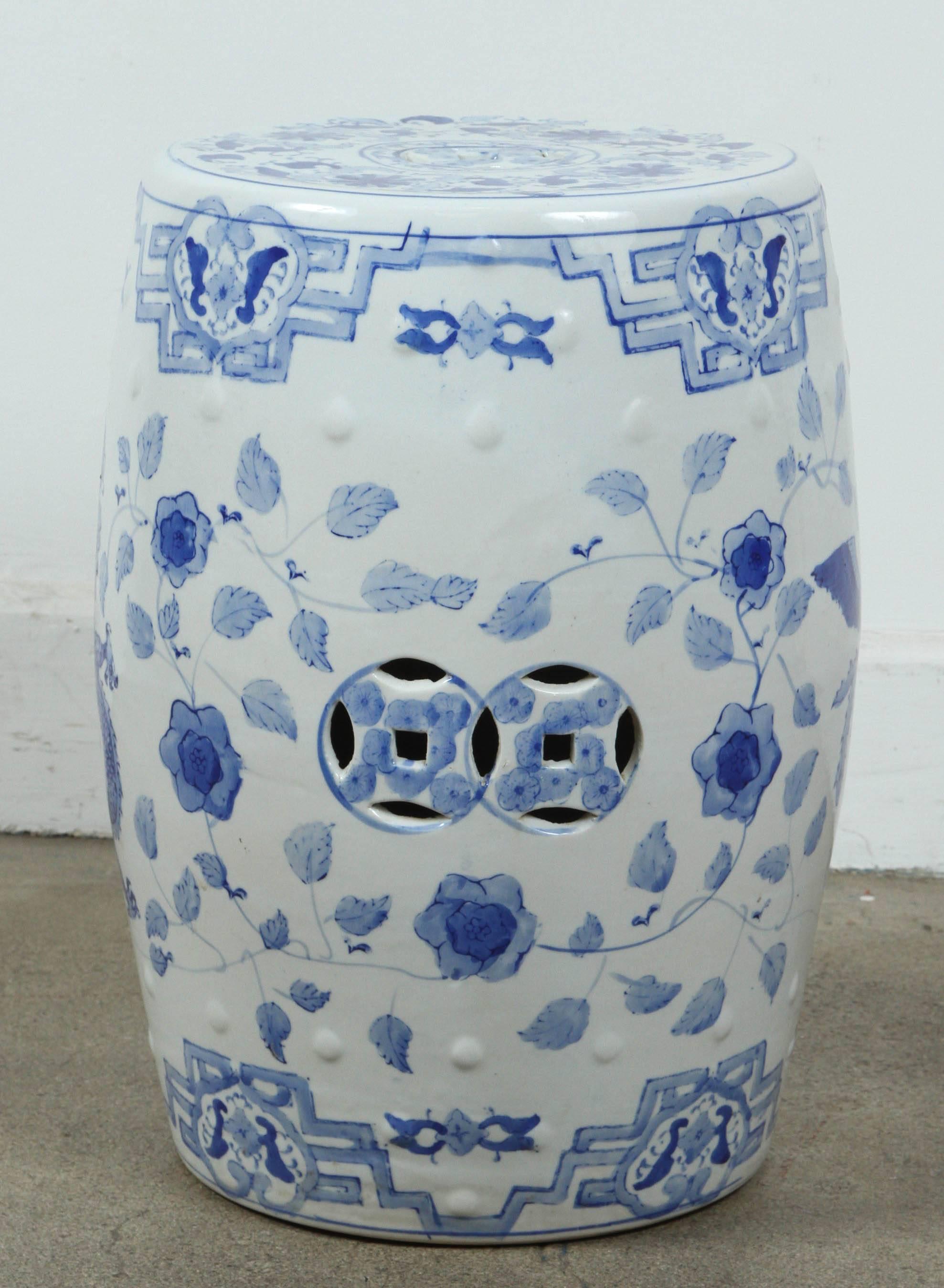 White and blue Chinese ceramic garden stool with hand-painted striking dragons chinoiserie art work.
Great to use indoor or outdoors.
Light and easy to carry around.
Top and bottom diameter is 12 in, widest part is 14.5 in. D, 20 in. H.