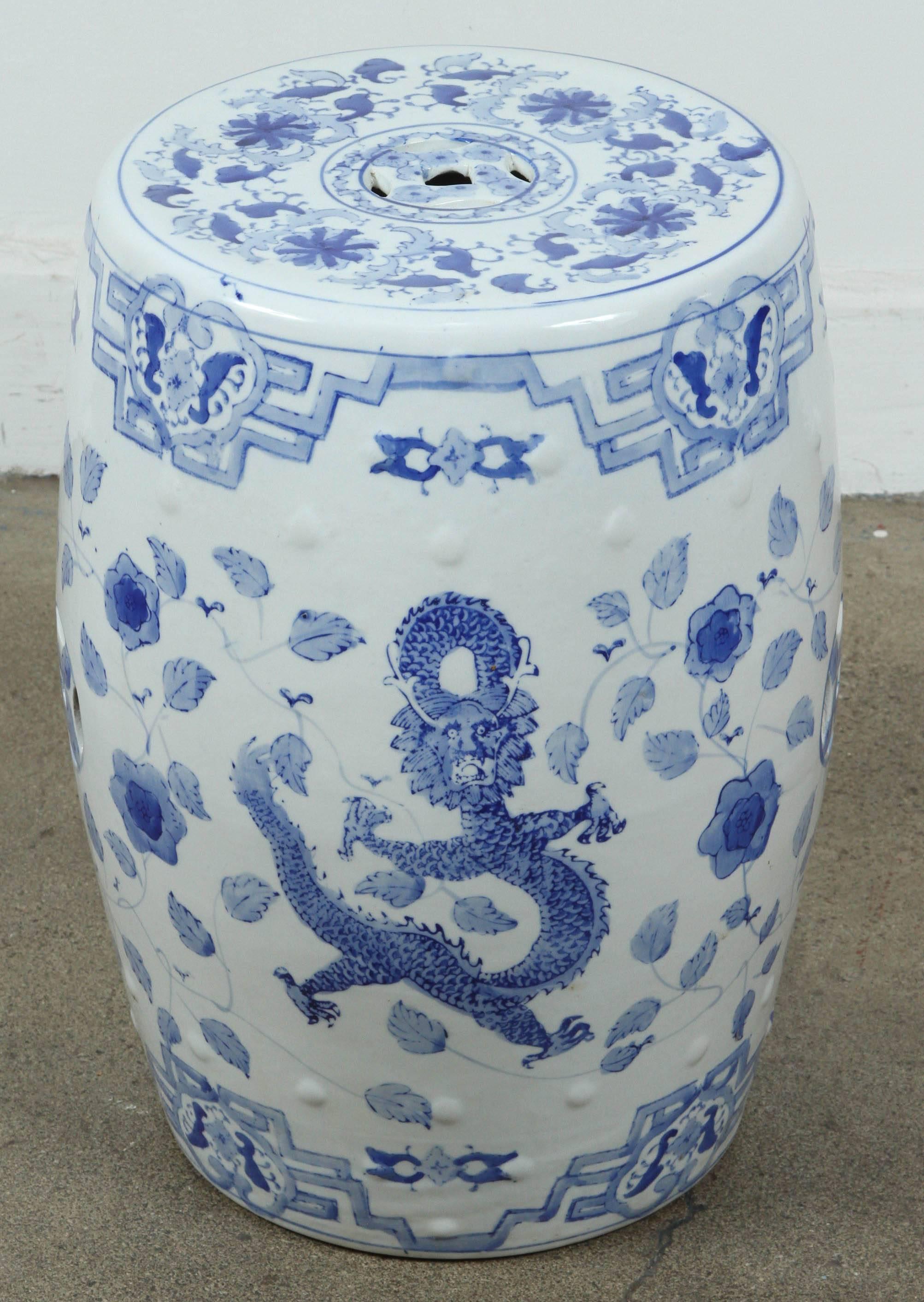 Chinoiserie White and Blue Chinese Ceramic Garden Stool