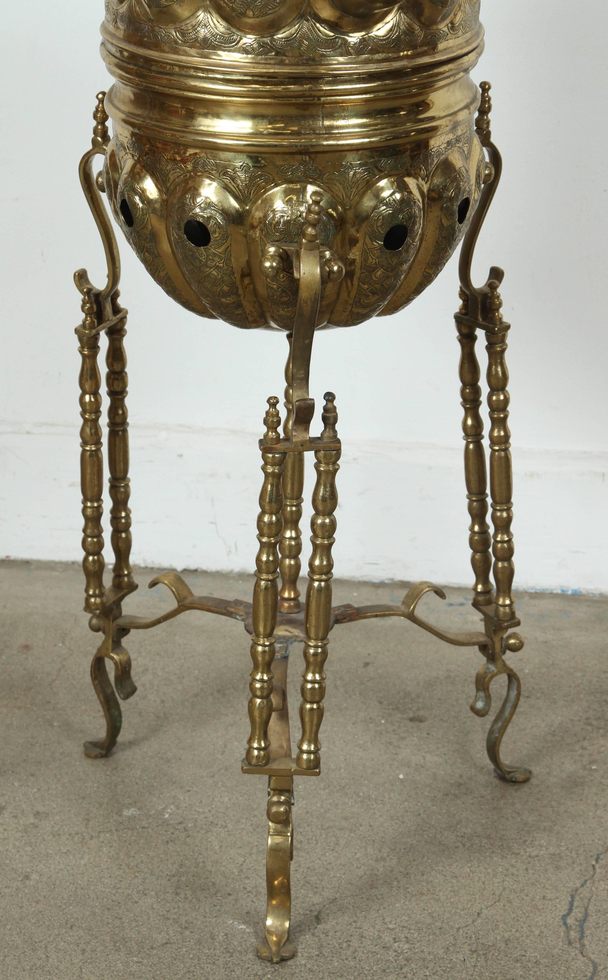 Moorish Moroccan Brass Tea Kettle on Stand Handcrafted in Fez Morocco For Sale
